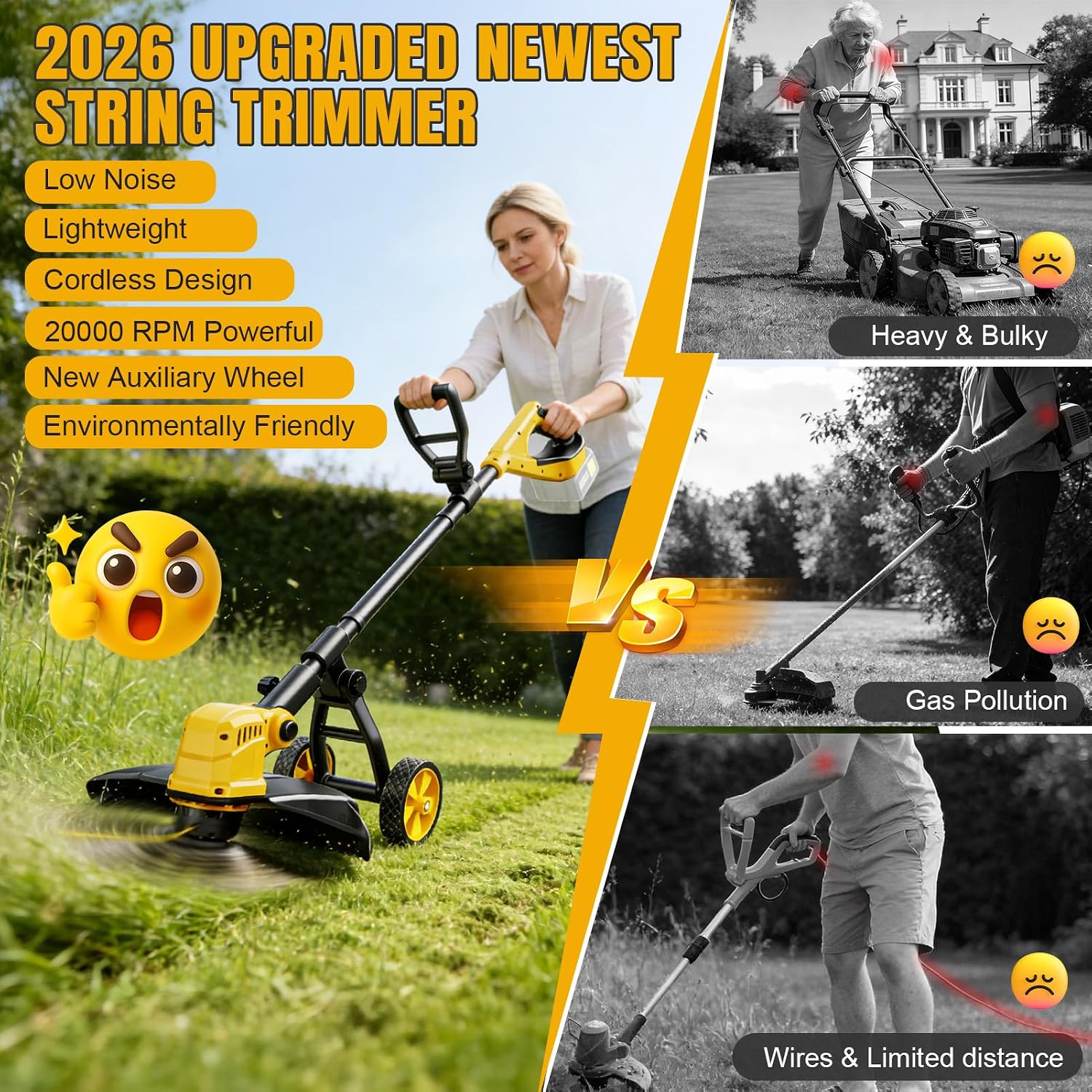 3 in 1 Cordless String Trimmer Compatible with Dewalt 20V Battery (NO Battery), 14" Electric Weed Wacker with Wheel