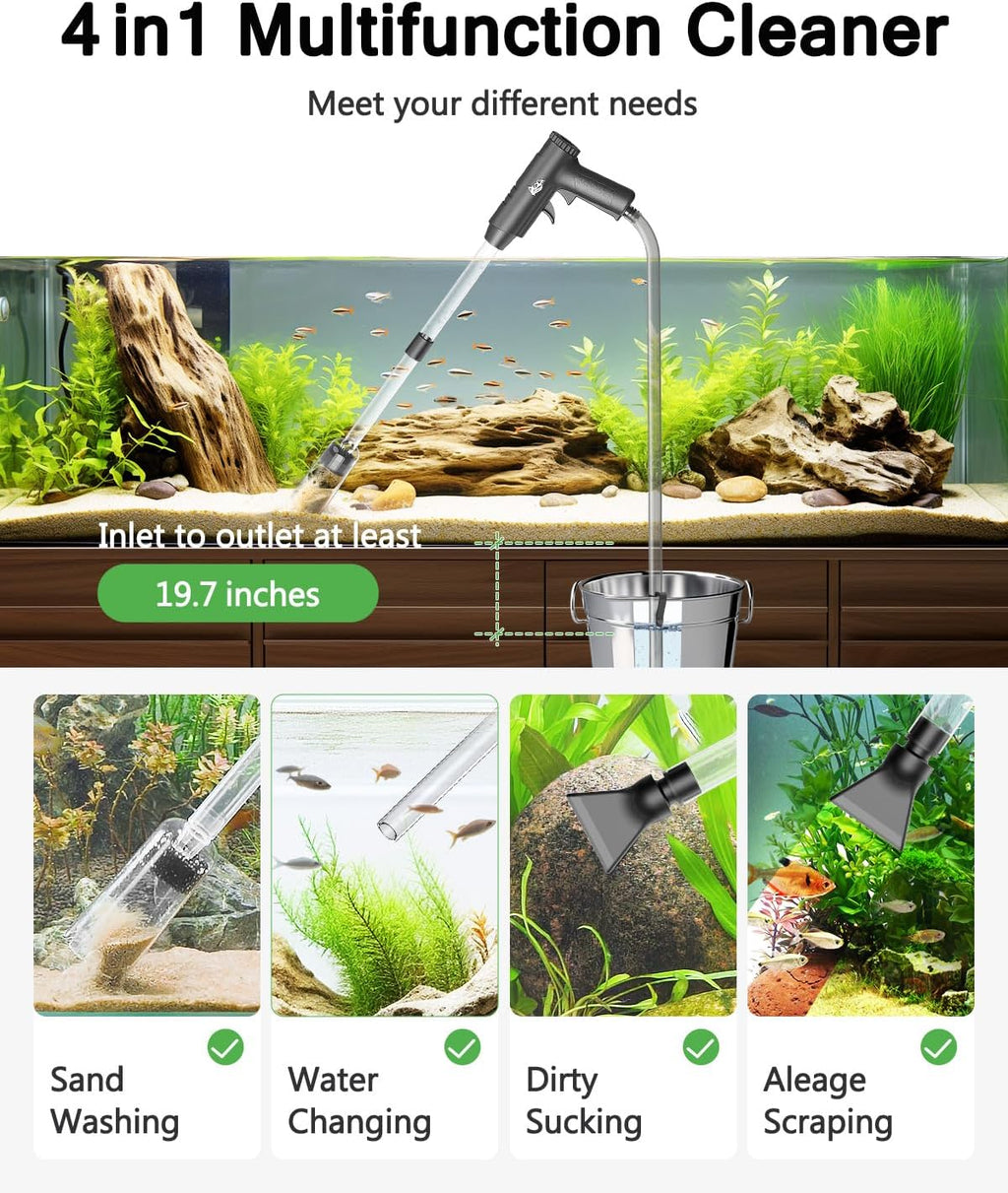 Aquarium Gravel Cleaner, 4-in-1 Upgrade Suction Power Manual Fish Tank Gravel Vacuum Cleaner Tools for Aquarium Water