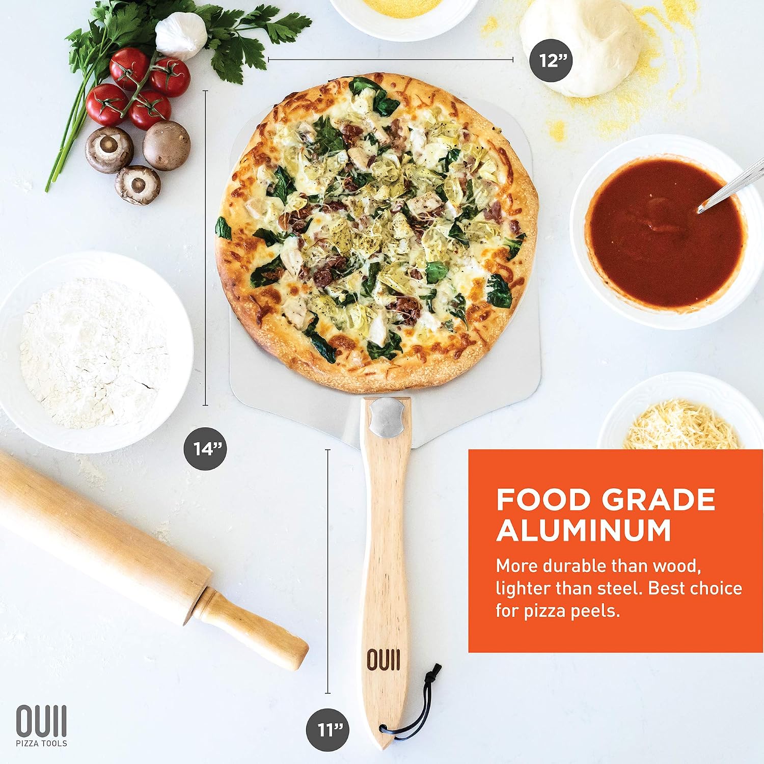Pizza Peel with Cutter - 12 x 14-inch Metal Turning Peel, 14'' Pizza Cutter with Blade Cover - Premium Pizza Spatula