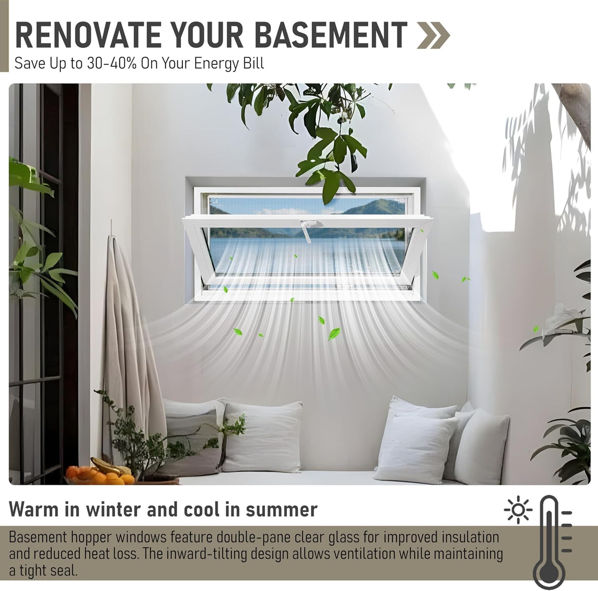 Vinyl Hopper Basement Window 36" x 24" White