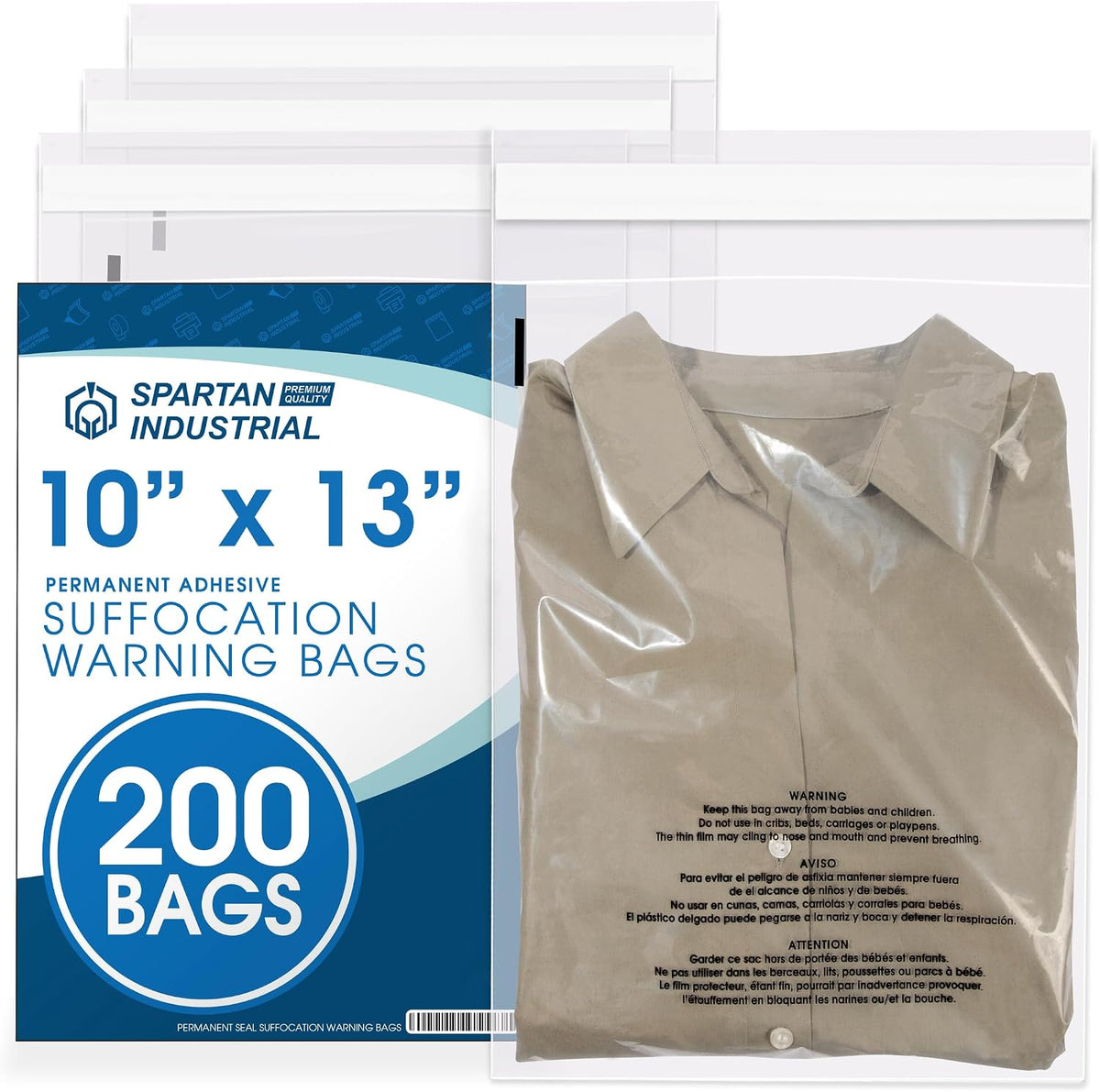 10” X 13” (200 Count) Self Seal Clear Poly Bags with Suffocation Warning