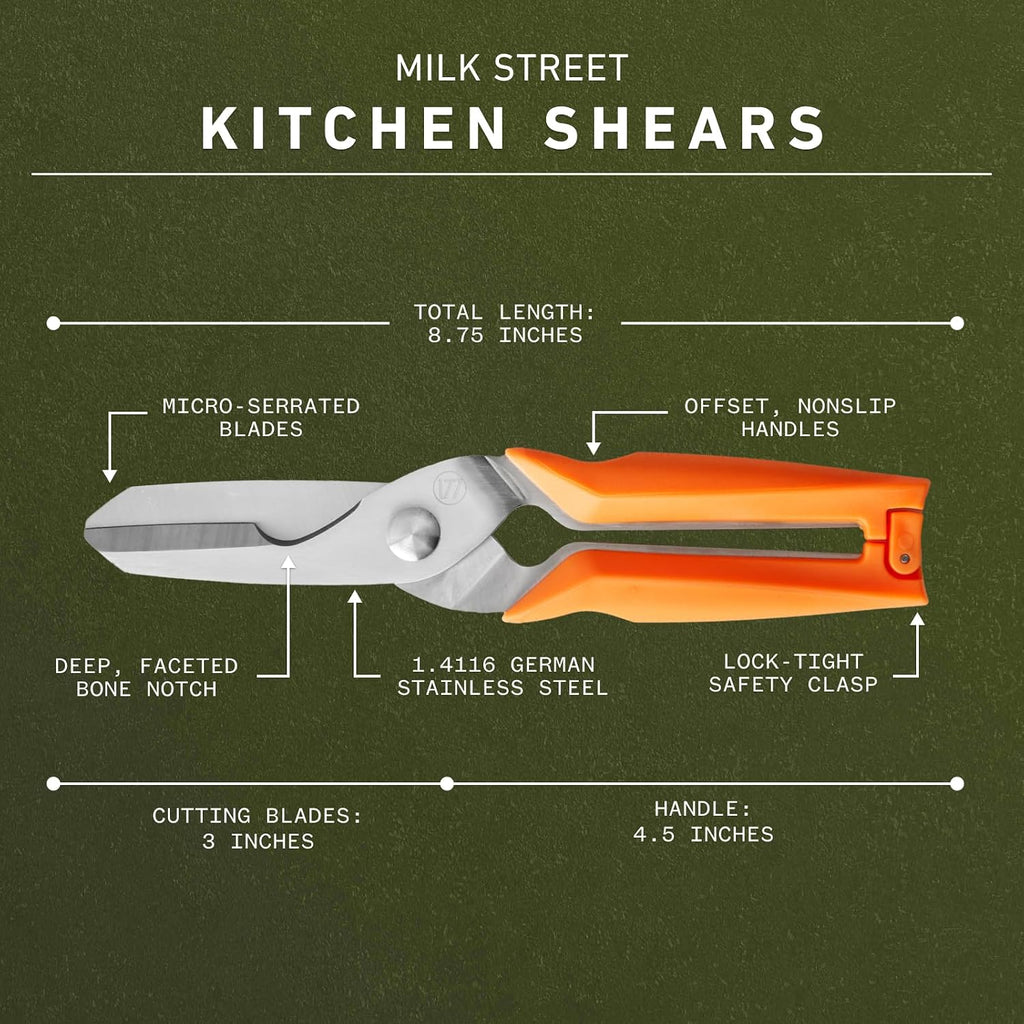 Milk Street Kitchen Shears, 3" German Steel Blade, Bone Notch, Spring-Loaded, Orange Handles