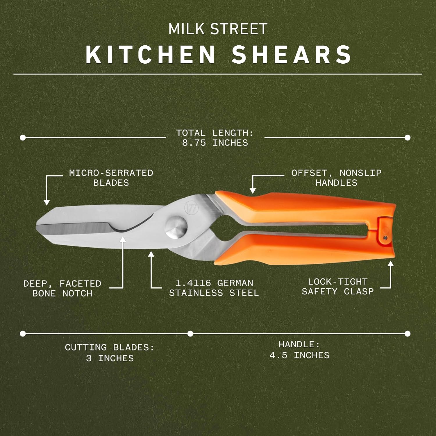 Milk Street Kitchen Shears, 3" German Steel Blade, Bone Notch, Spring-Loaded, Orange Handles