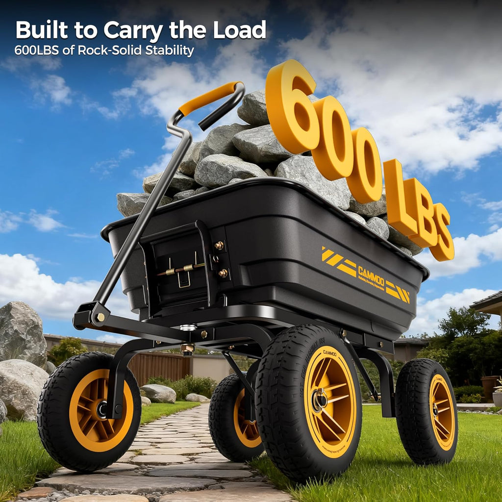 10-in NO-FLAT TIRES 600lb Heavy-Duty Garden Dump Cart 4 Cu.Ft. Utility Wagon with Quick-Release Dumping & Prime Grade