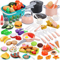 74-Pcs Kids Kitchen Toy Accessories with Basket, Pretend Play Cooking Set with Toy Pots and Pans, Utensils, Cookware