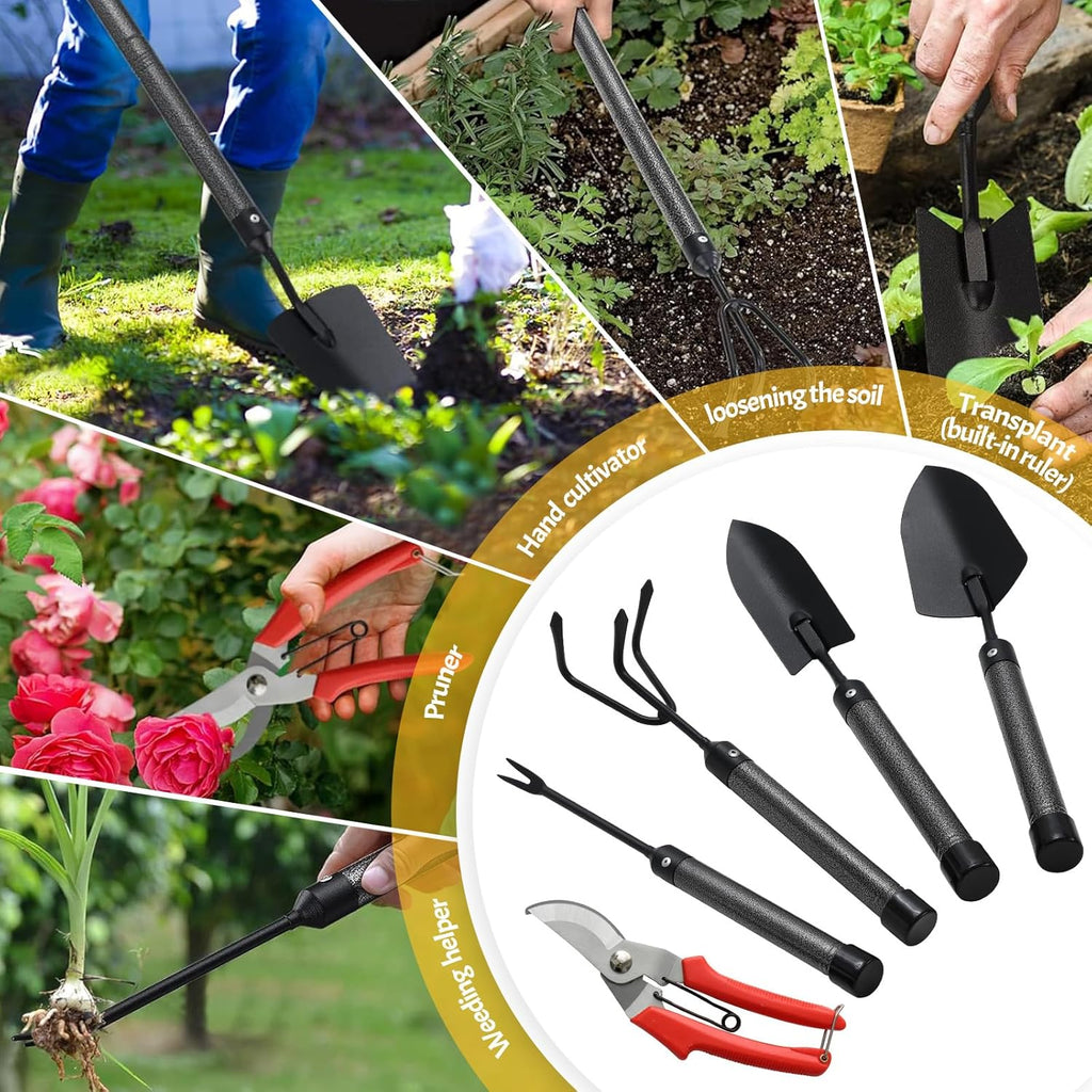 Garden Tool Set with Extended Long Handle, 5 Pieces Stainless Steel Gardening Tool Kit, Gifts for Parents and Kids