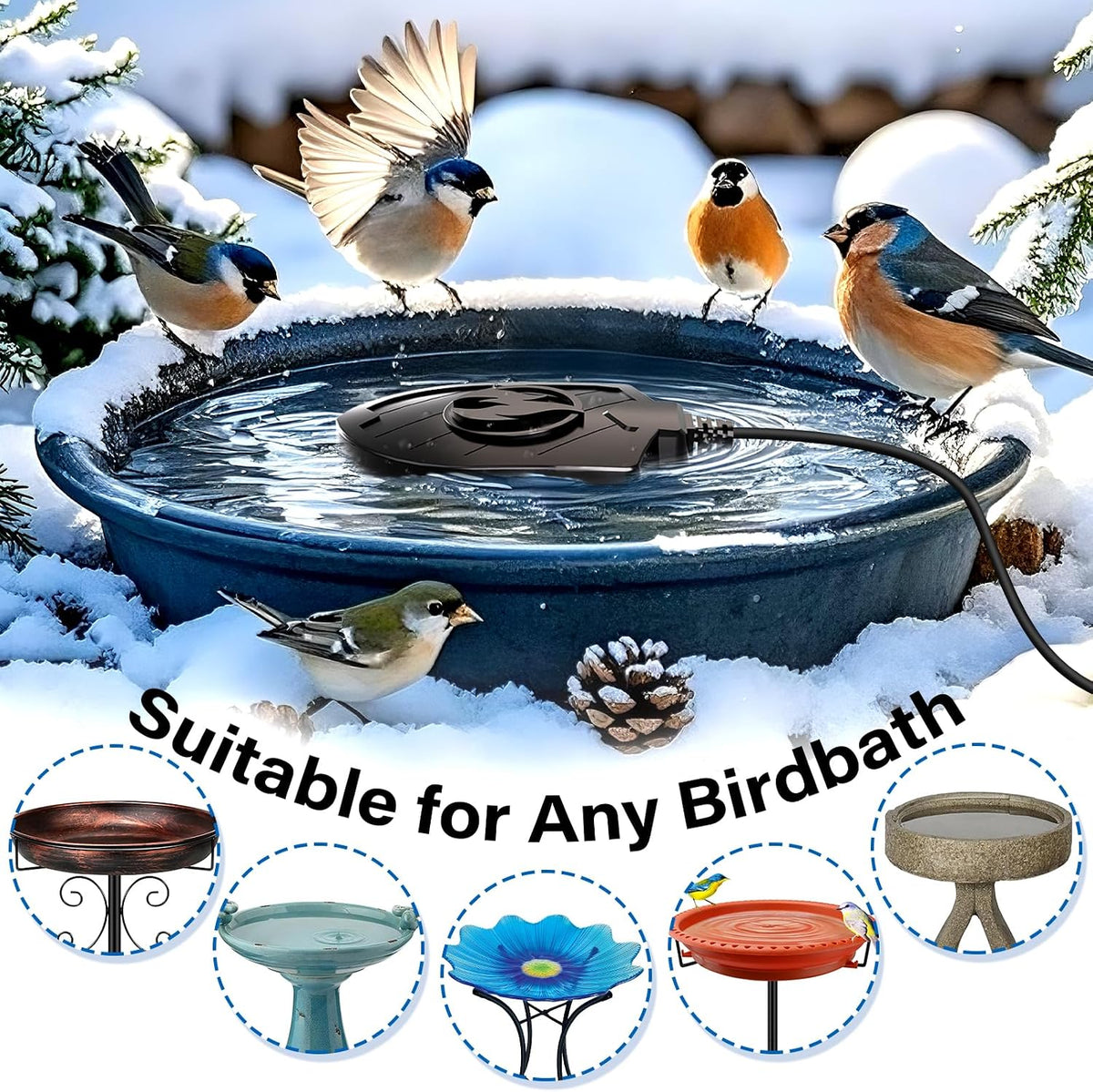 100W Bird Bath Heater for Outdoors in Winter, Birdbath Heater Deicer, Black