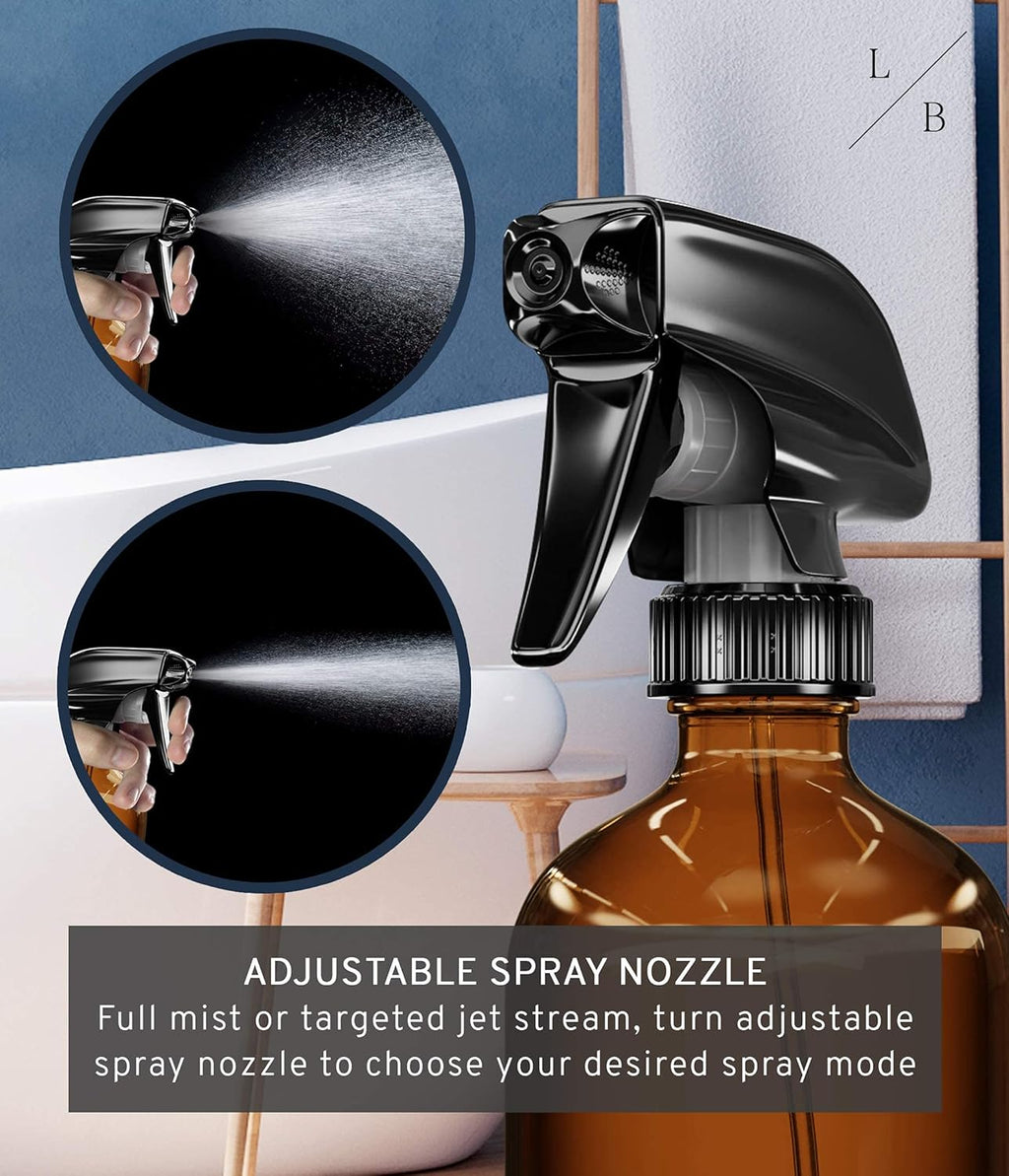 Amber Glass Spray Bottles 2 Pack, 16 oz Refillable Empty Spray Bottle for Cleaning, Essential Oils, Hair, Plants