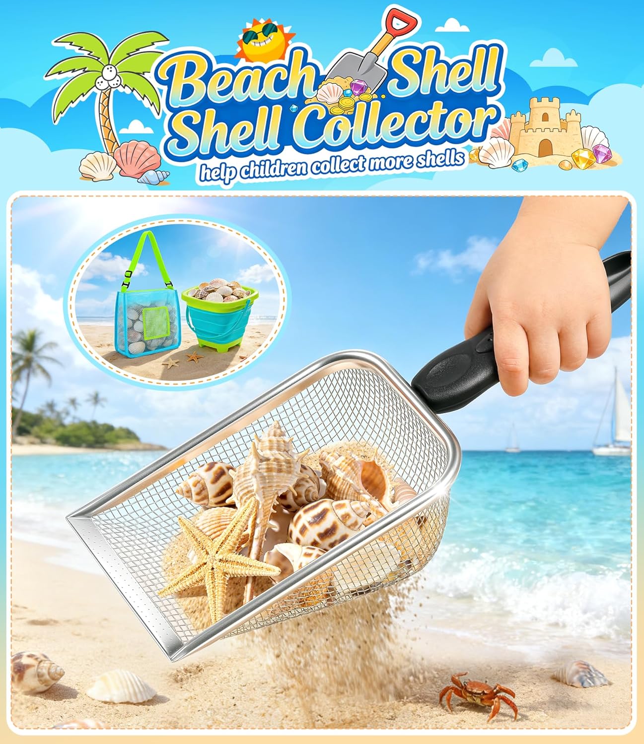 Beach Toys for Kids 24 Pcs Metal Sand Sifter Collapsible Beach Buckets Set | Stainless Steel Sand Shovel, Sandcastle