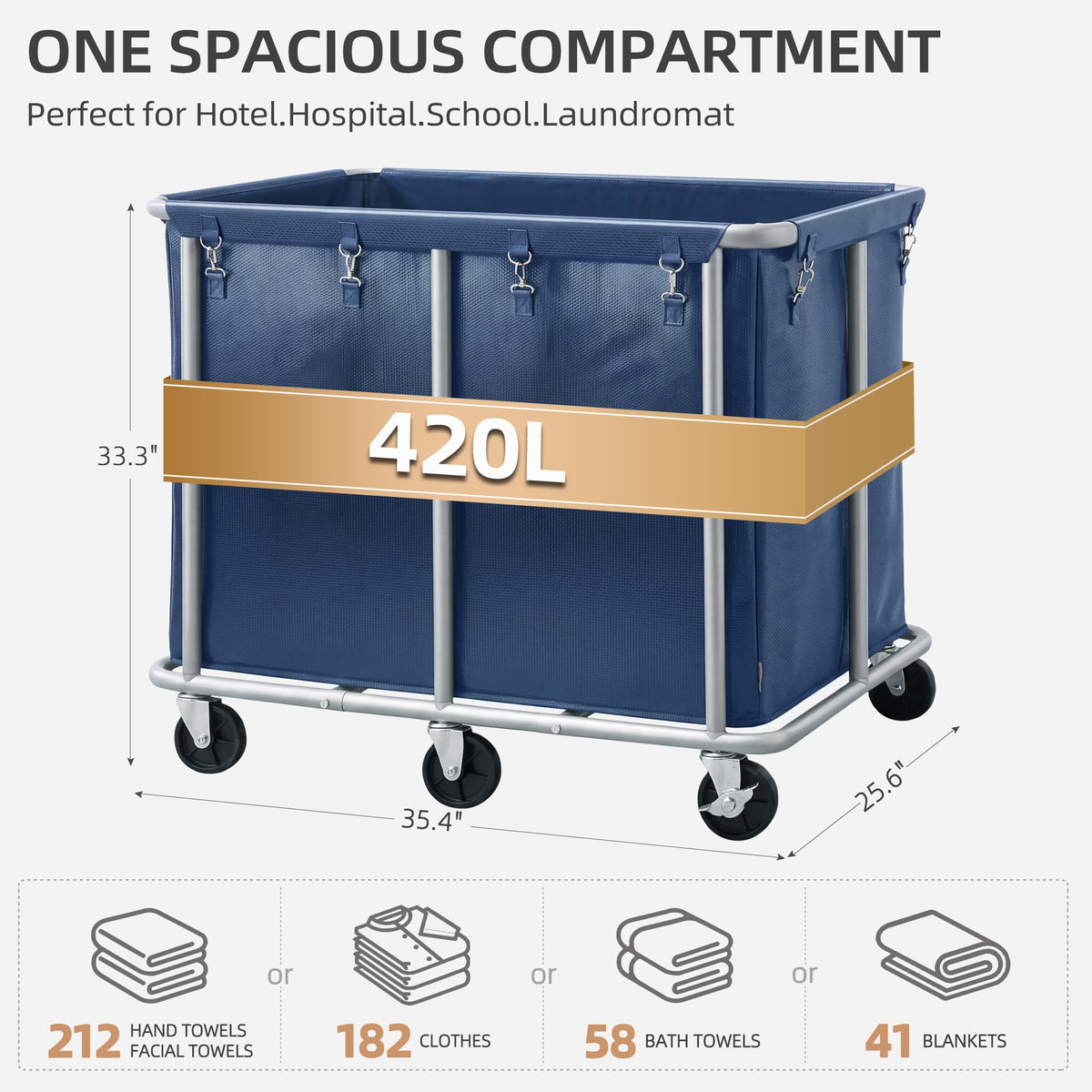 Commercial Laundry Cart with Wheels, 420L Blue