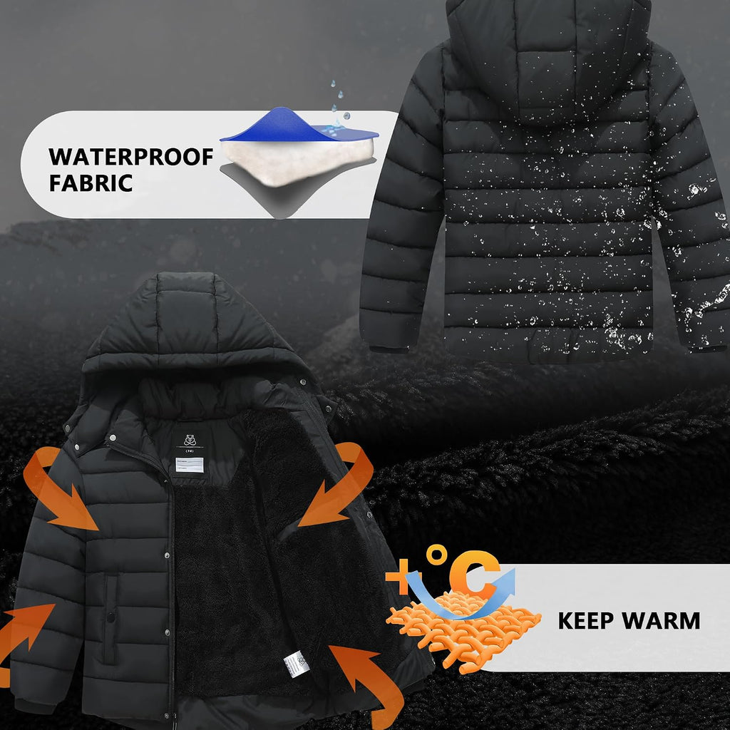 Boy's Quilted Winter Jacket Waterproof Down Coat Puffy Hooded Parka | Warm Jacket with Detachable Hood Windproof