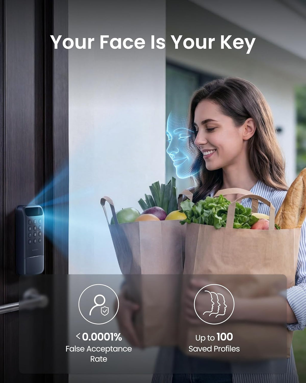 Lock Vision, 3D Face Recognition Smart Lock, Deadbolt Keyless Entry, DualPower 12-Month Battery, WiFi No Hub