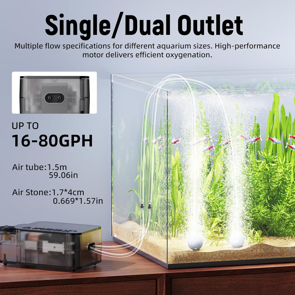 Aquarium Air Pump,Ultra-Quiet/Small Size/More Output Air Pump for Fish Tank 1.5w/29GPH/14Kpa,with Air Stone
