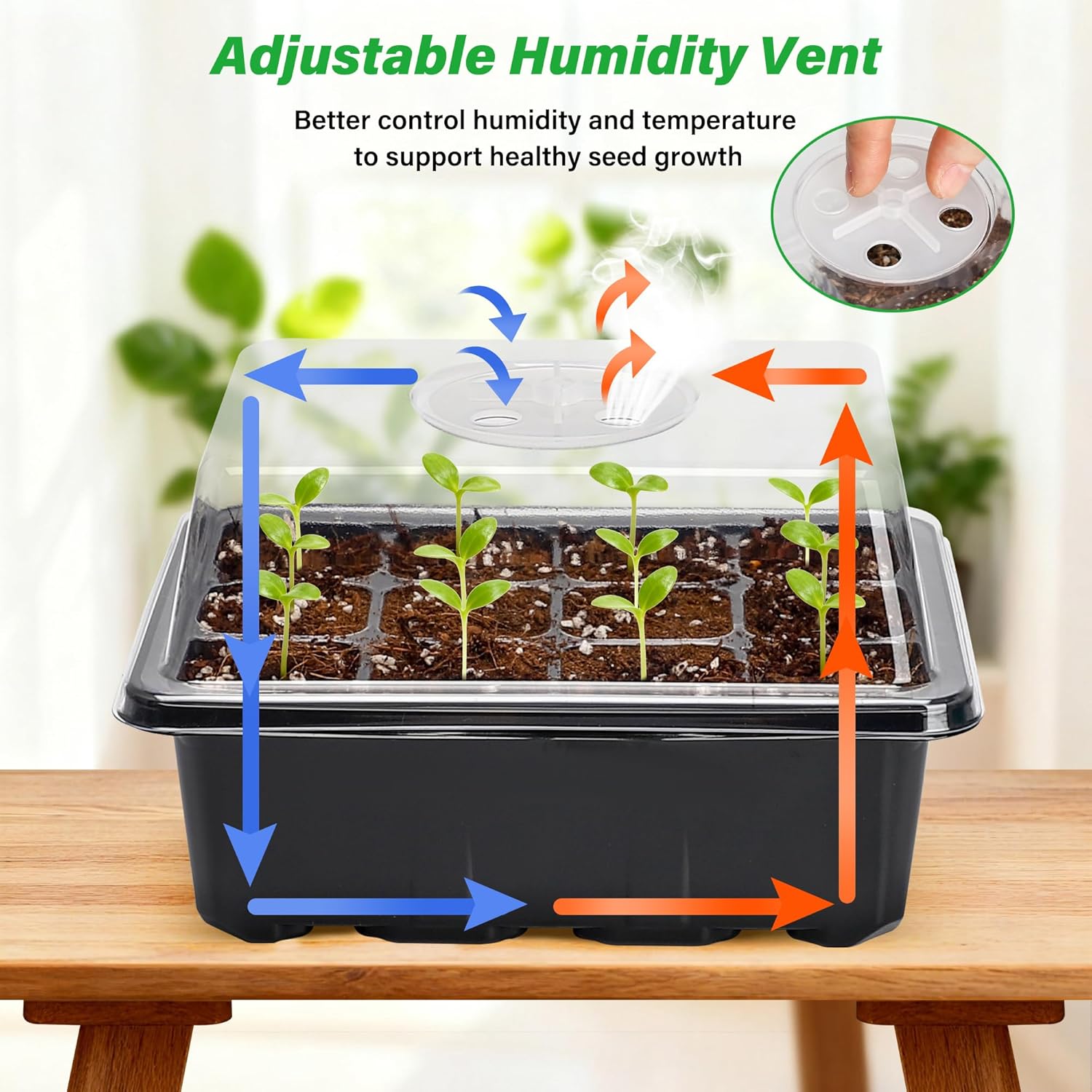 5-Pack Seed Starter Trays, Humidity Dome, Base, 12-Cell Tray, Black | Adjustable Vents Control Humidity &