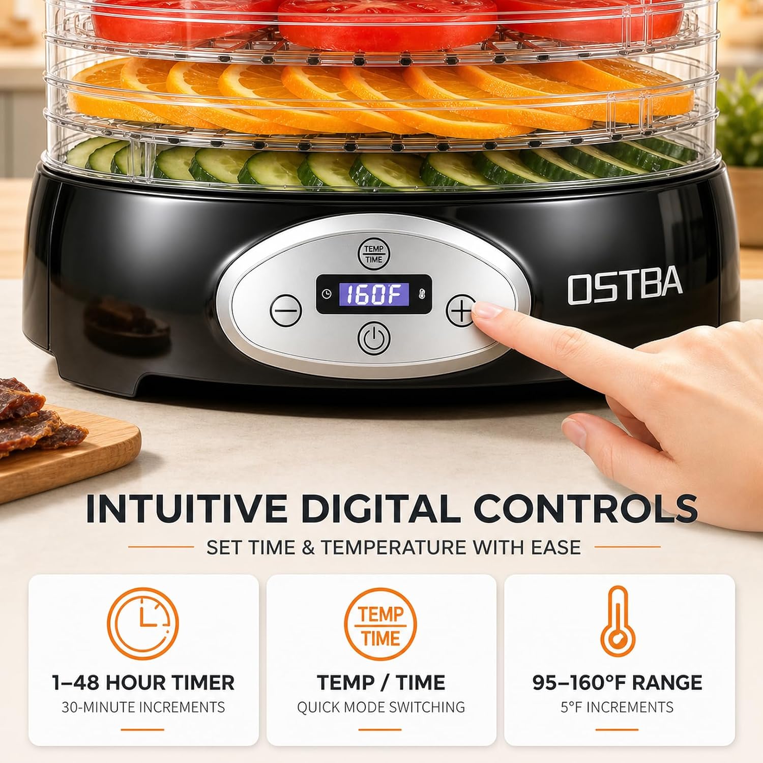 Food Dehydrator, 5 BPA-Free Trays, Adjustable Temp, 48H Timer, 420W