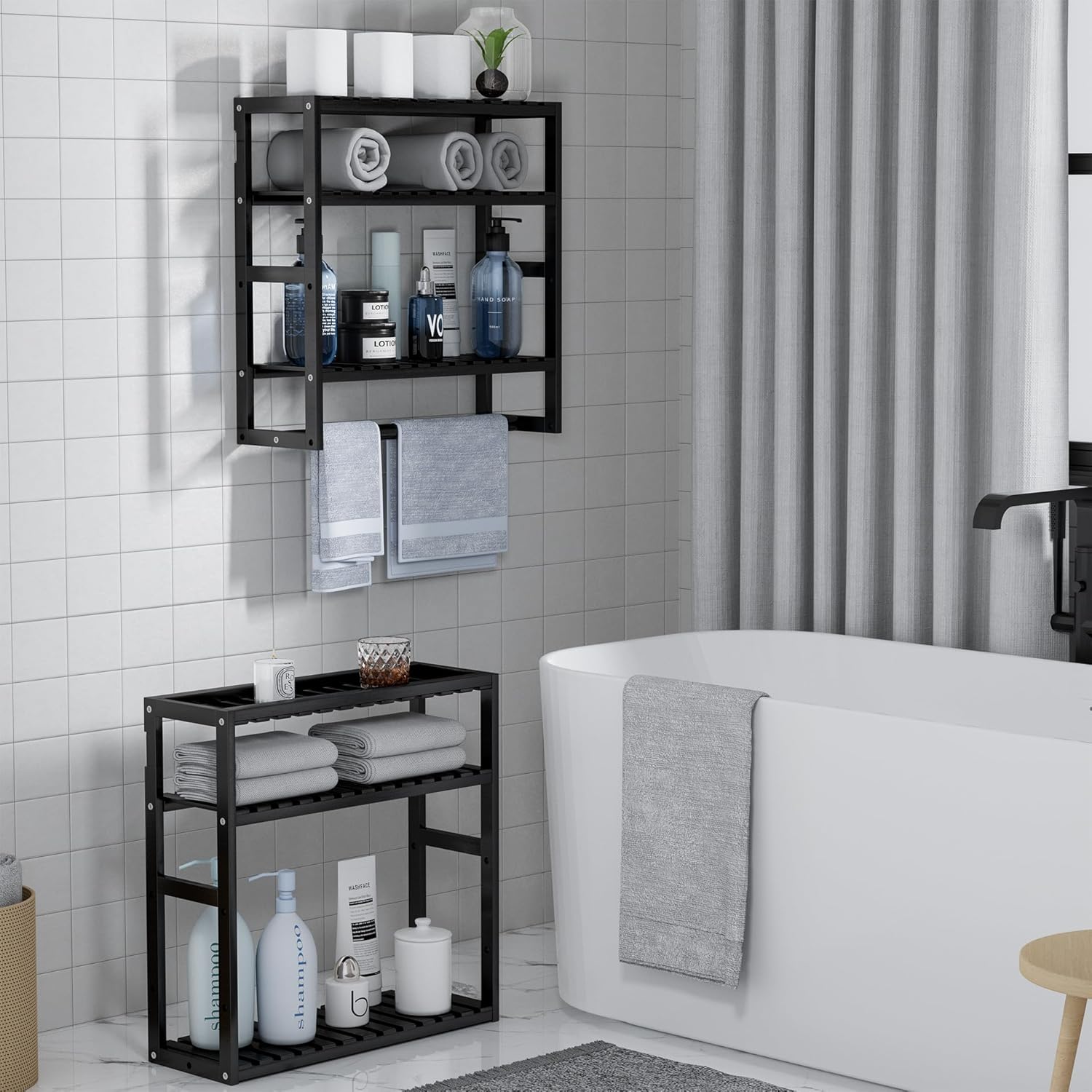 Towel Rack Bathroom Storage Shelves Over The Toilet with Towel Bar 100% Bamboo Adjustable Height Floating Shelf Wall