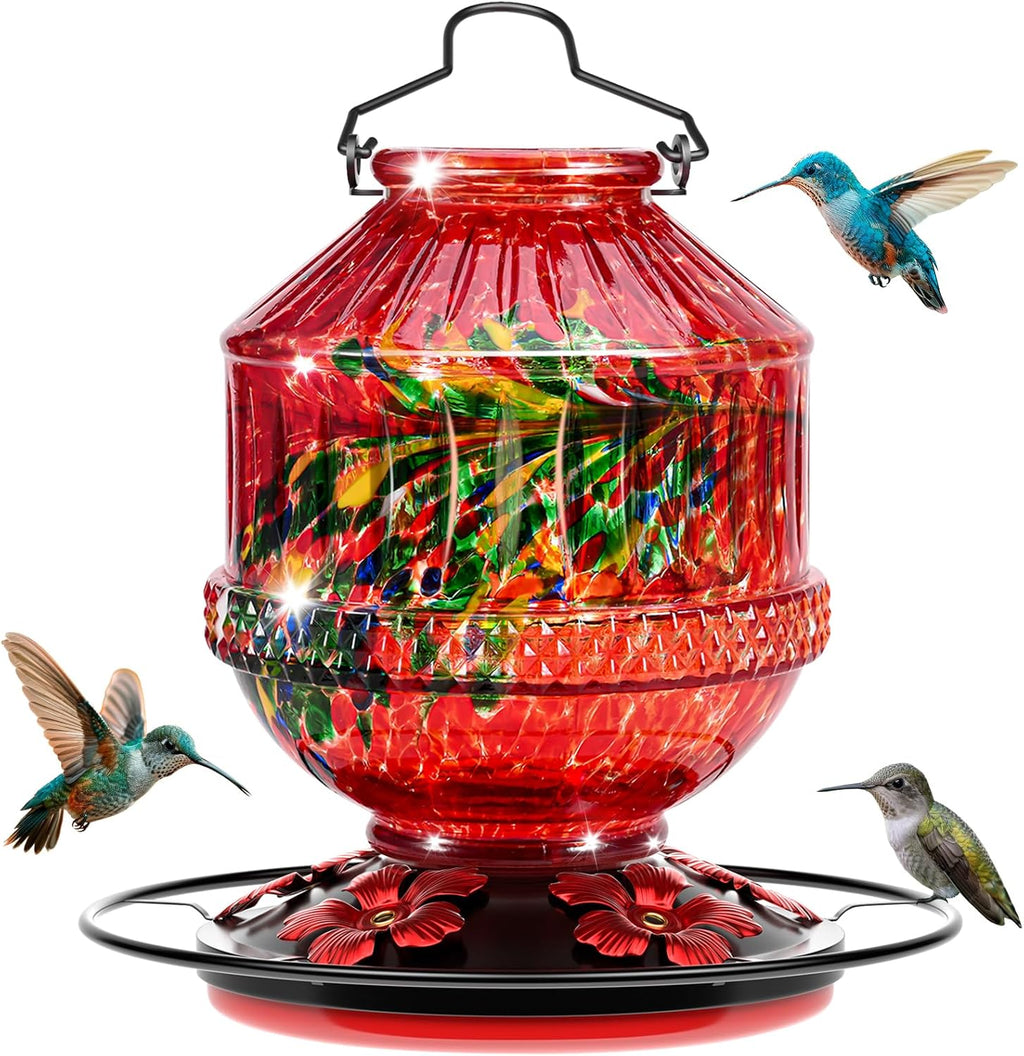 Blown Glass Hummingbird Feeders for Outdoors, 25 Ounces Wild Bird Nectar Feeder with Perch & 5 Flower Feeding Ports
