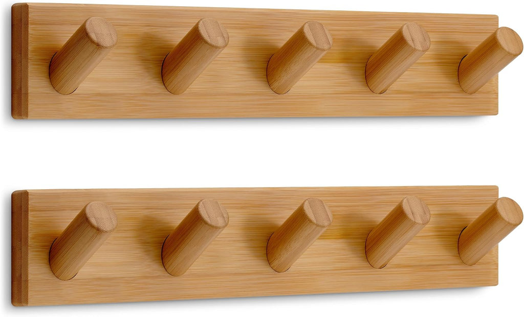 Wall Mounted Coat Rack with 5 Heavy-Duty 1" Diameter Hooks (2-Pack), 16.5" - Wooden Wall Hook Rack - Modern