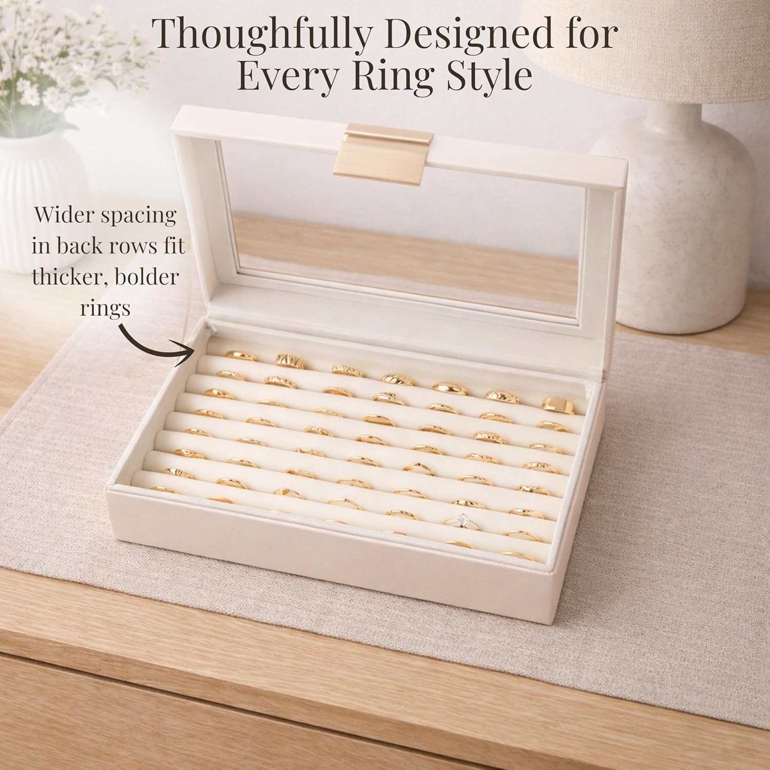 Ring and Earring Jewelry Display Box – Holds Up to 80 Rings, Faux Leather Jewelry Box with Velvet Interior and Clear
