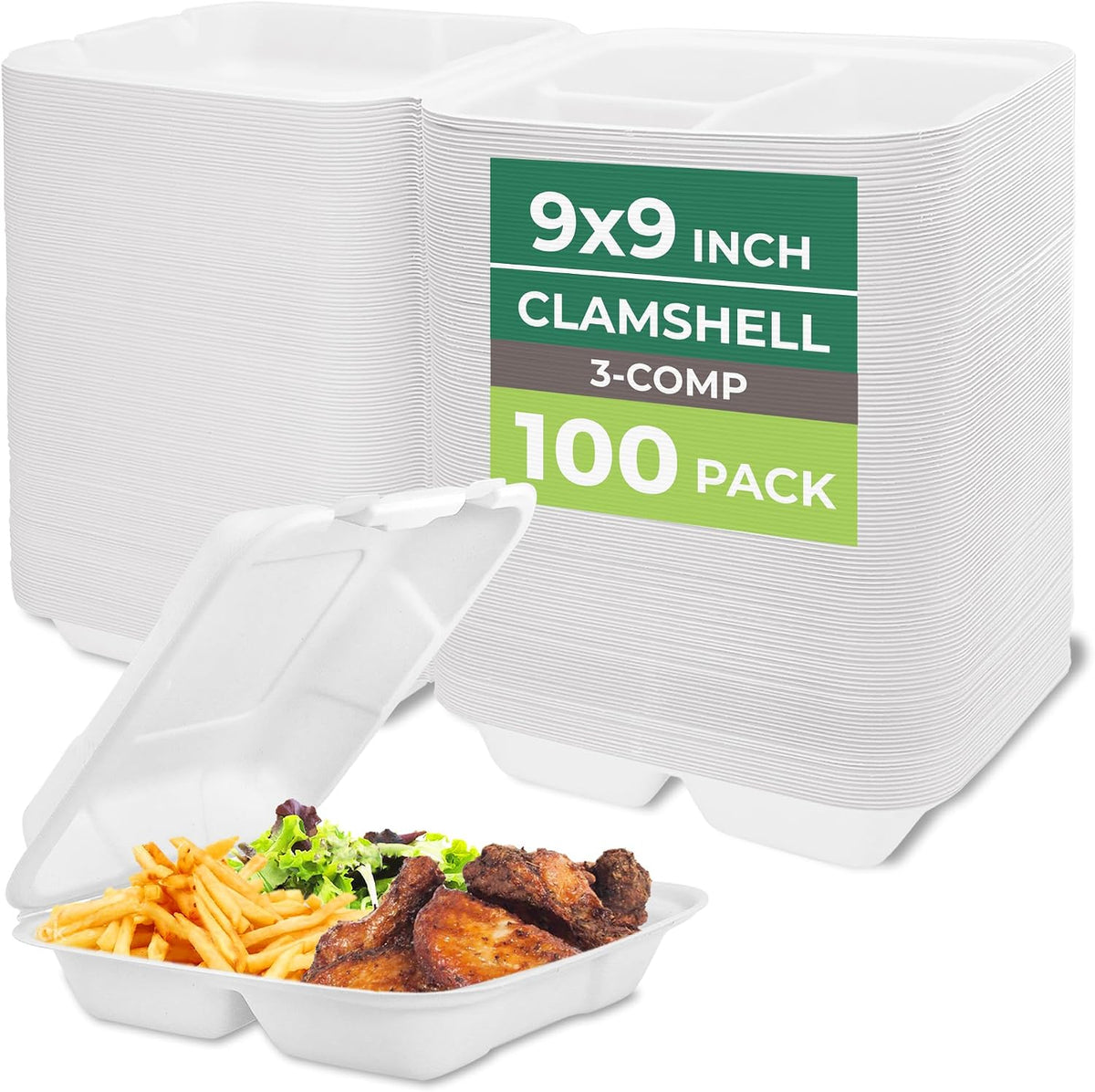 Clamshell Food Containers with Lids [9x9"] 3-Compartment 100-Pack, Disposable To Go Containers, Biodegradable