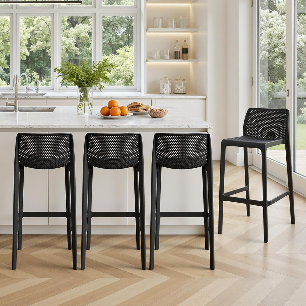 29" Outdoor Plastic Barstool Set of 4, No Assembly, Black