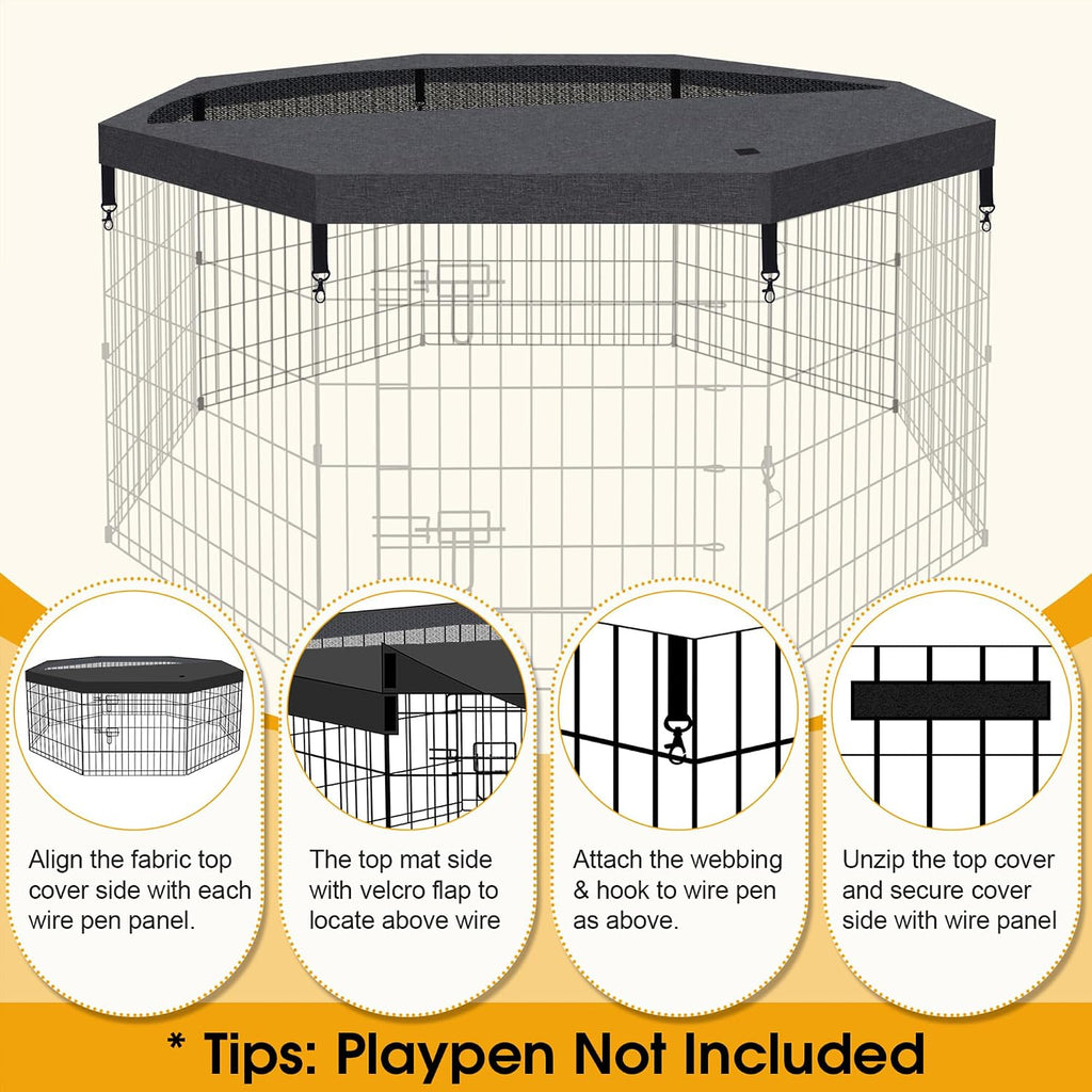 Dog Playpen Top Cover Only for 8 Panel 24 Inch Pet Playpen, Black Mesh Shade Cover for Small Medium Pets, Indoor