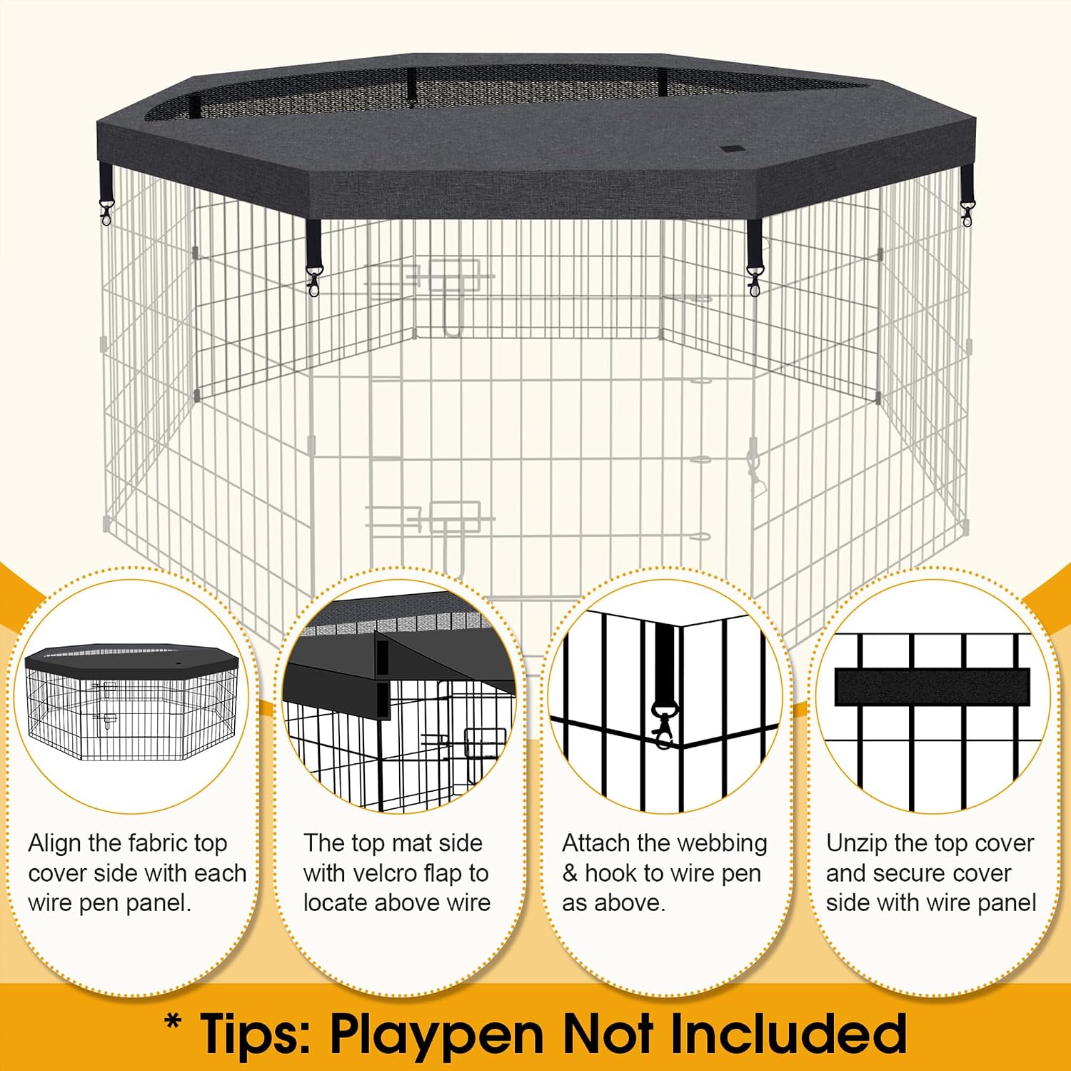 Dog Playpen Top Cover Only for 8 Panel 24 Inch Pet Playpen, Black Mesh Shade Cover for Small Medium Pets, Indoor