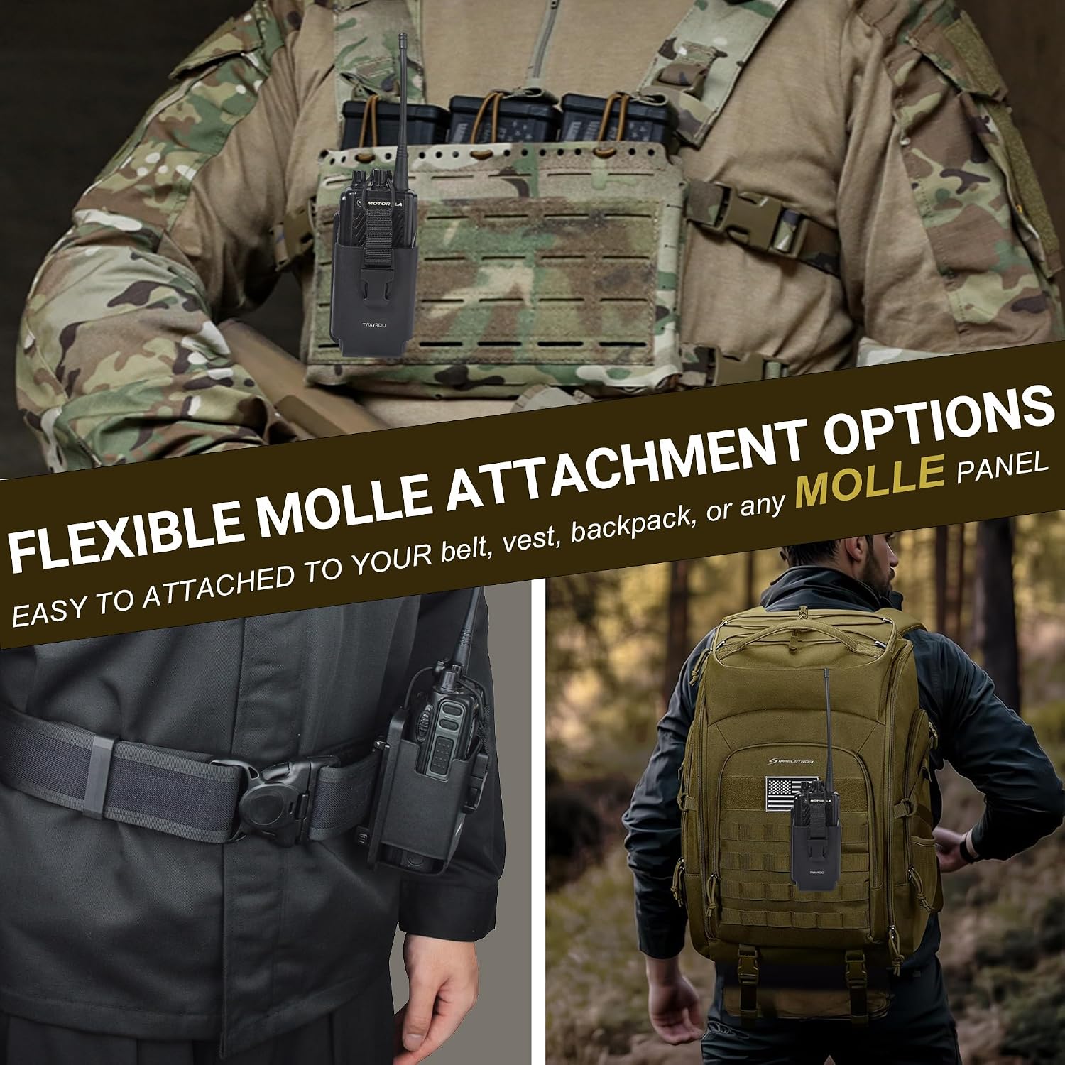 Portable TPU Radio Holster w/MOLLE Belt Clip for Belt, Vest, or Pack, Two Ways Radio Pouch with Quick Release Buckle