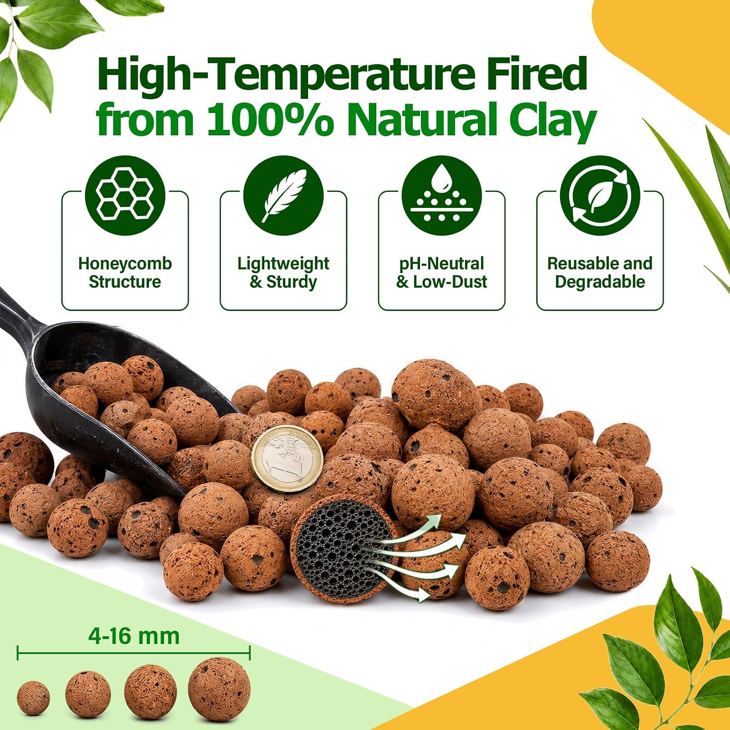 18LB Organic Leca Clay Pebbles for Plants, 4-16mm Drainage Leca Balls | Reusable, Aeration Lightweight Clay Balls