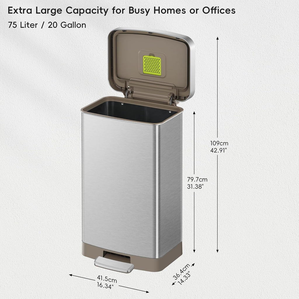 Hudson Matte Stainless 75 Liter/20 Gallon Step Trash Can with Rear Trash Bag Storage Compartment