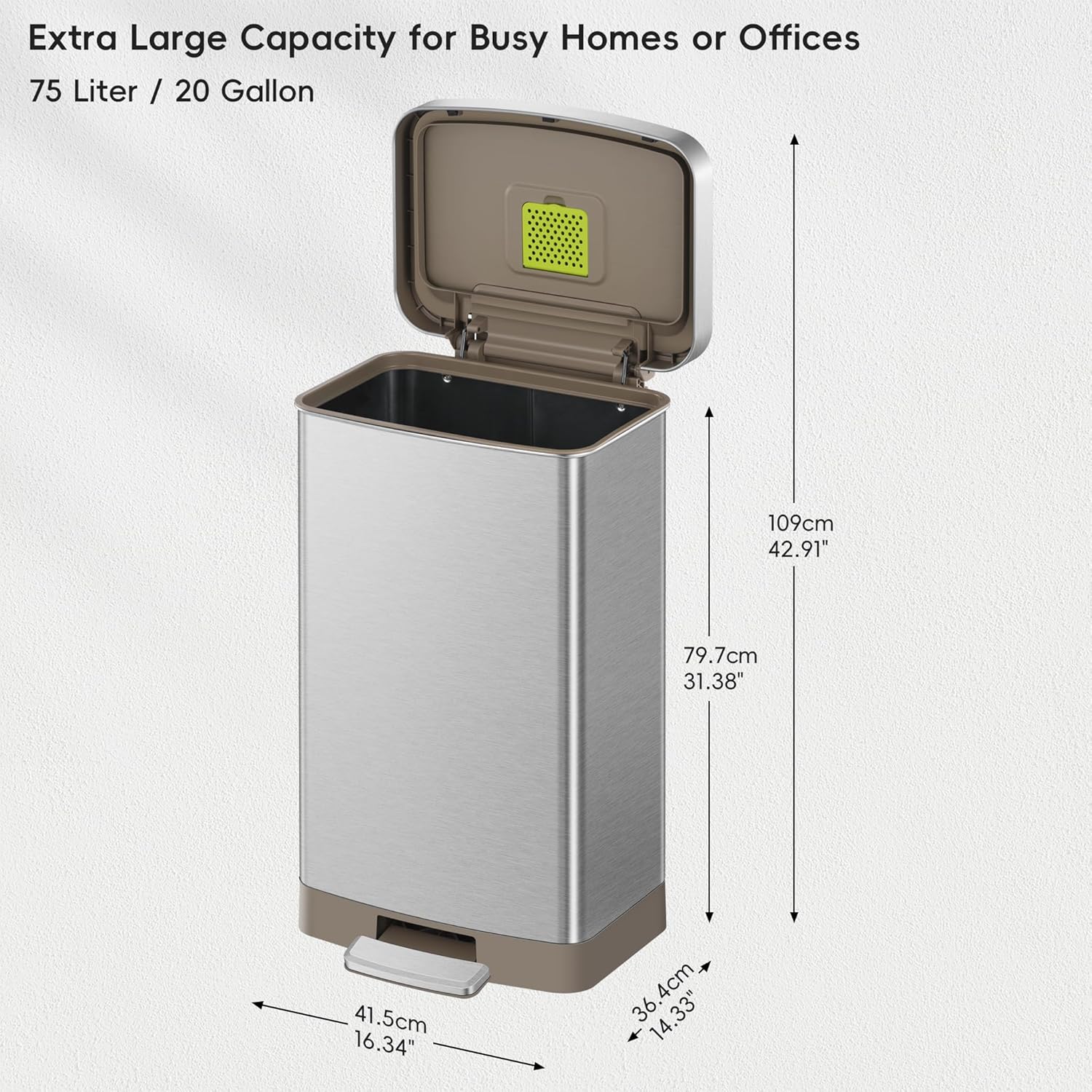 Hudson Matte Stainless 75 Liter/20 Gallon Step Trash Can with Rear Trash Bag Storage Compartment