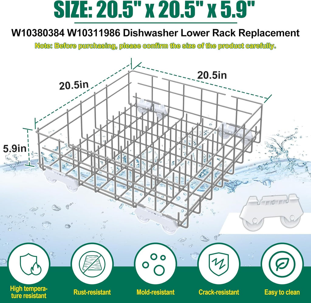 Upgraded W10380384 W10311986 Dishwasher Lower Rack Replacement Compatible with Whirlpool Dishwasher Bottom Rack 300563, DU911PCDQO with WP3376961 Wheels