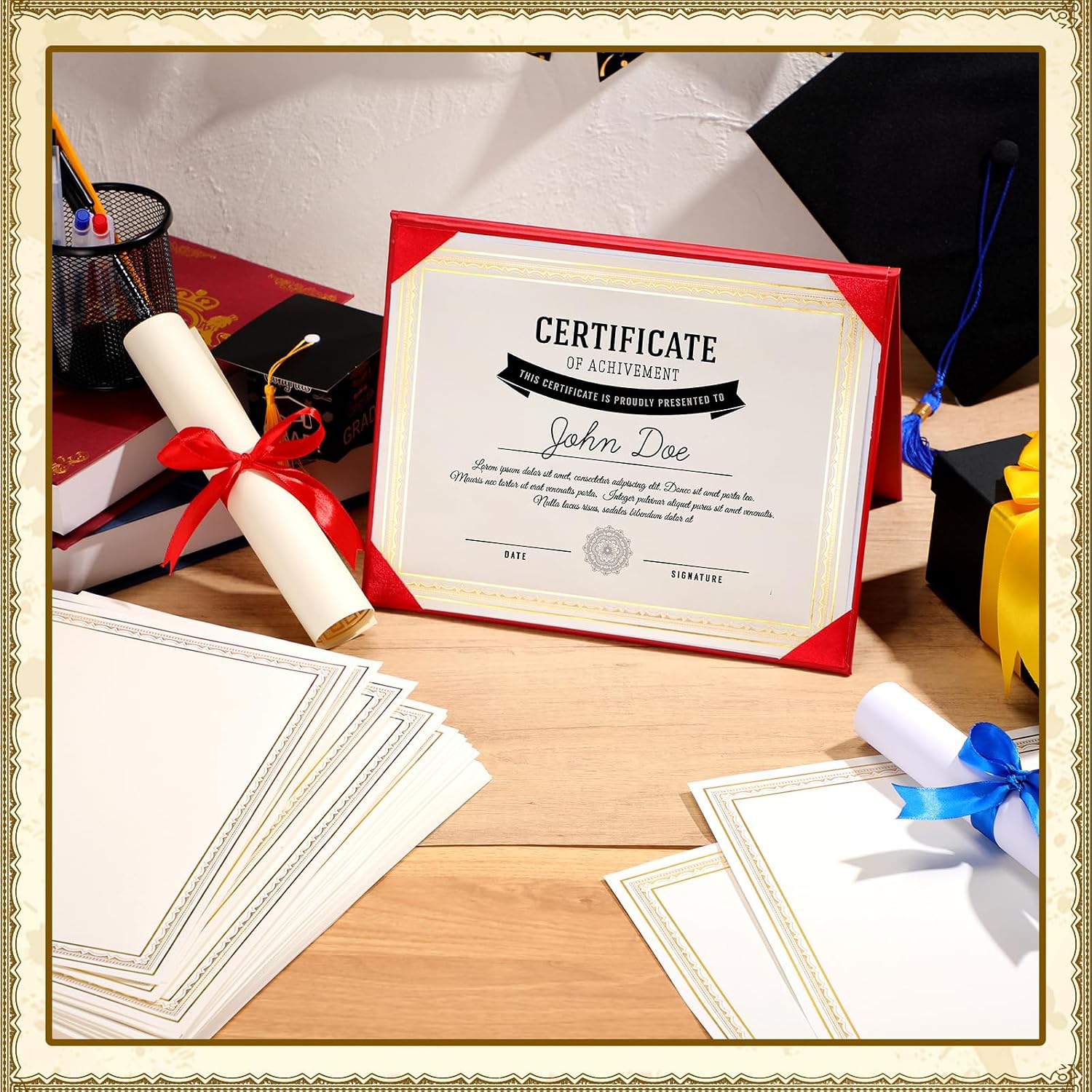 100 Sheet Foil Border Certificate Paper 8.5 x 11 Inch for Printing Blank Customizable Award Certificates Paper for