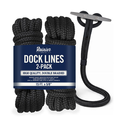 RainierSupplyCo Dock Lines 2-Pack - Boat Rope for Docking with Loop - 15 ft x 5/8 Inch Premium Double Braided Nylon