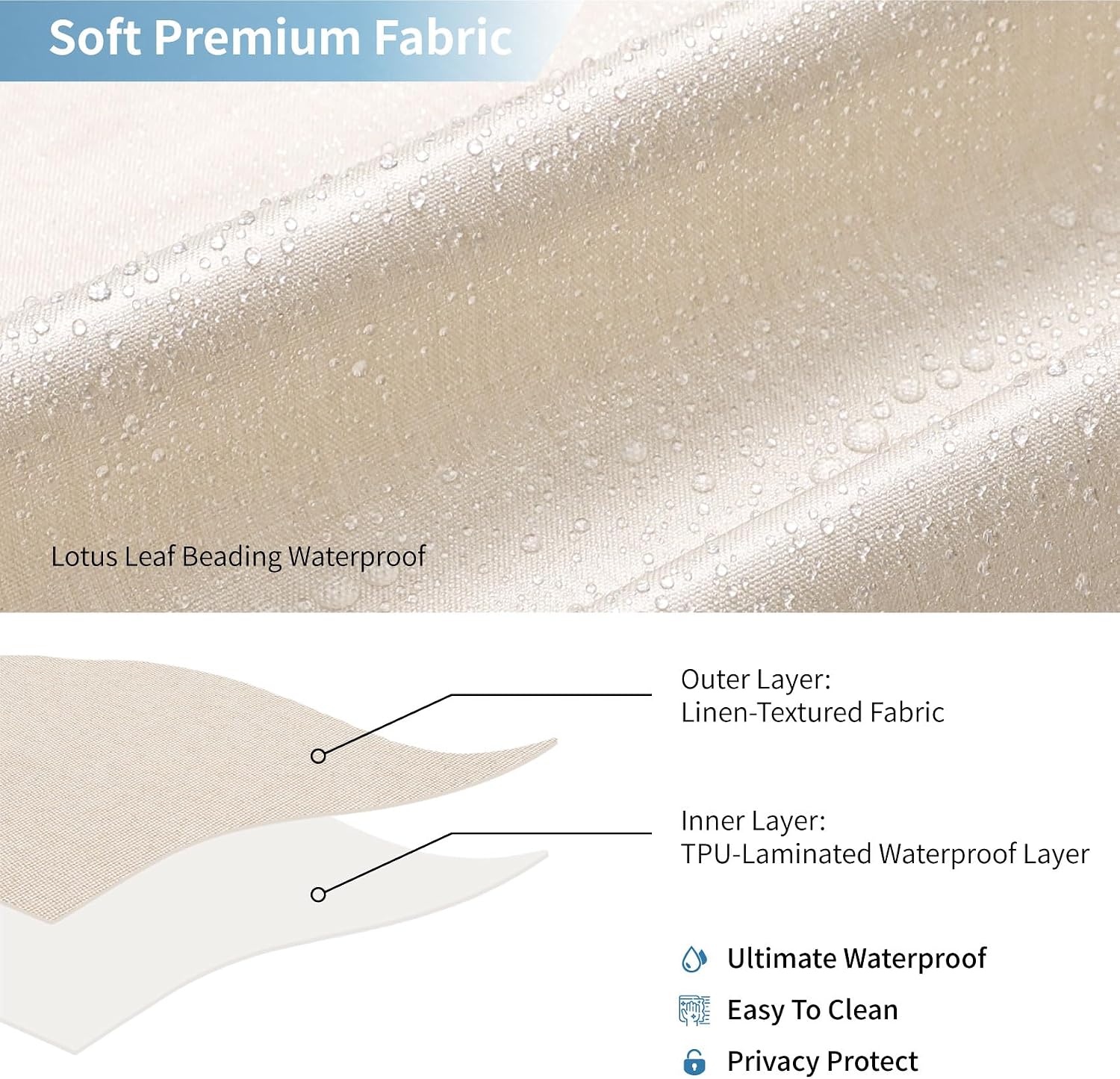 Waterproof Fabric Shower Curtain,No Liner Needed,72x72,Cream | 2-in-1 Design,Linen Textured,100% Waterproof