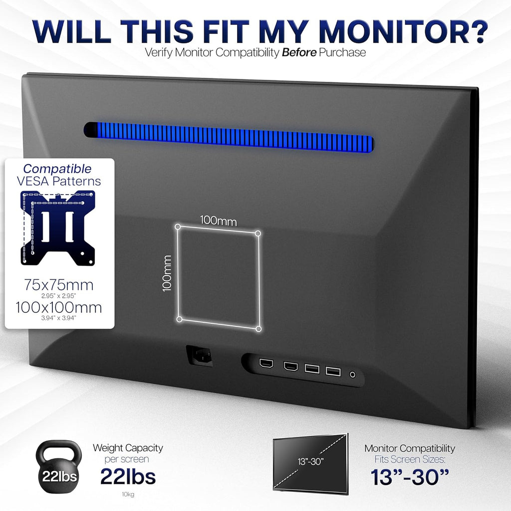 Dual Monitor Desk Mount, Holds 2 Computer Screens up to 30 inches and 22lbs Each, Heavy Duty Fully Adjustable Steel