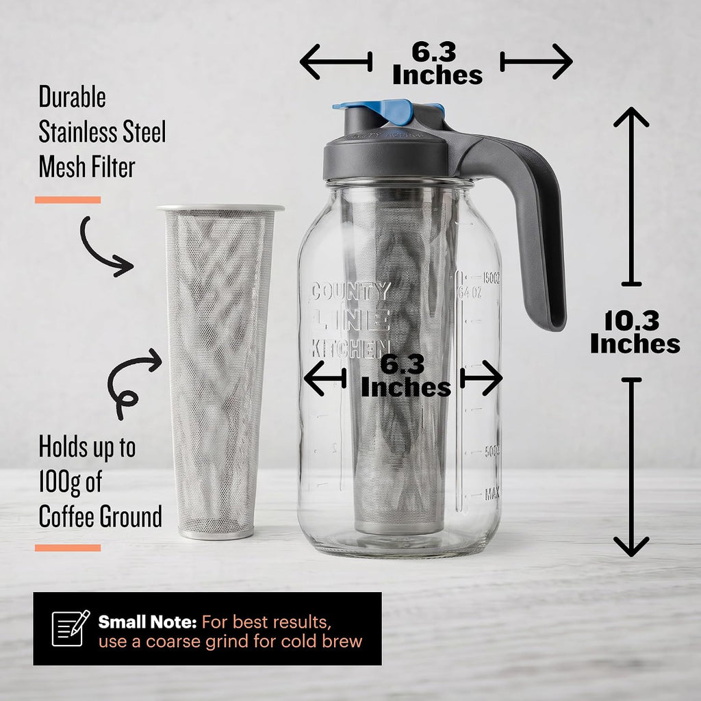 64oz Cold Brew Coffee Maker with Leak Proof Lid - Gray | Glass Cold Brew Coffee Maker - Wide Mouth Mason Jar
