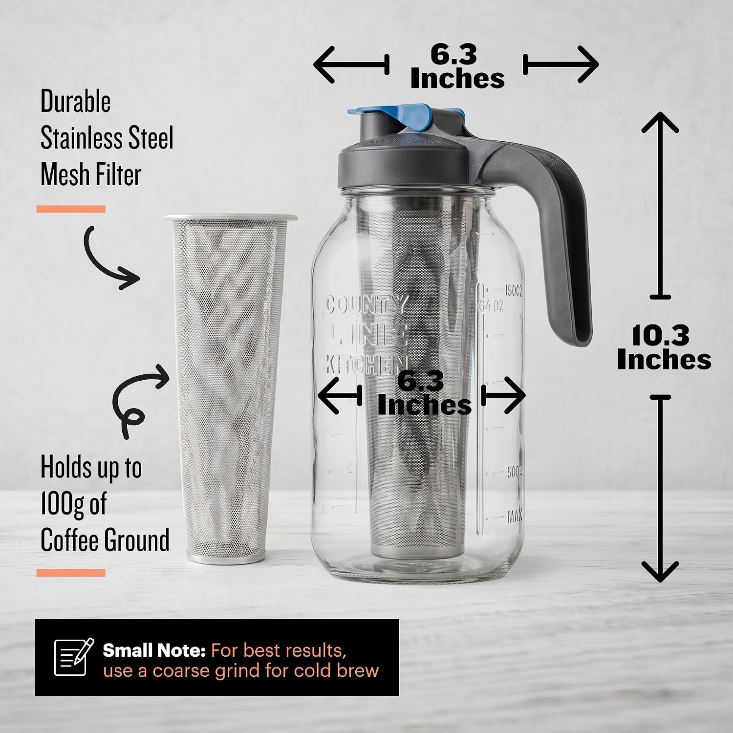 64oz Cold Brew Coffee Maker with Leak Proof Lid - Gray | Glass Cold Brew Coffee Maker - Wide Mouth Mason Jar