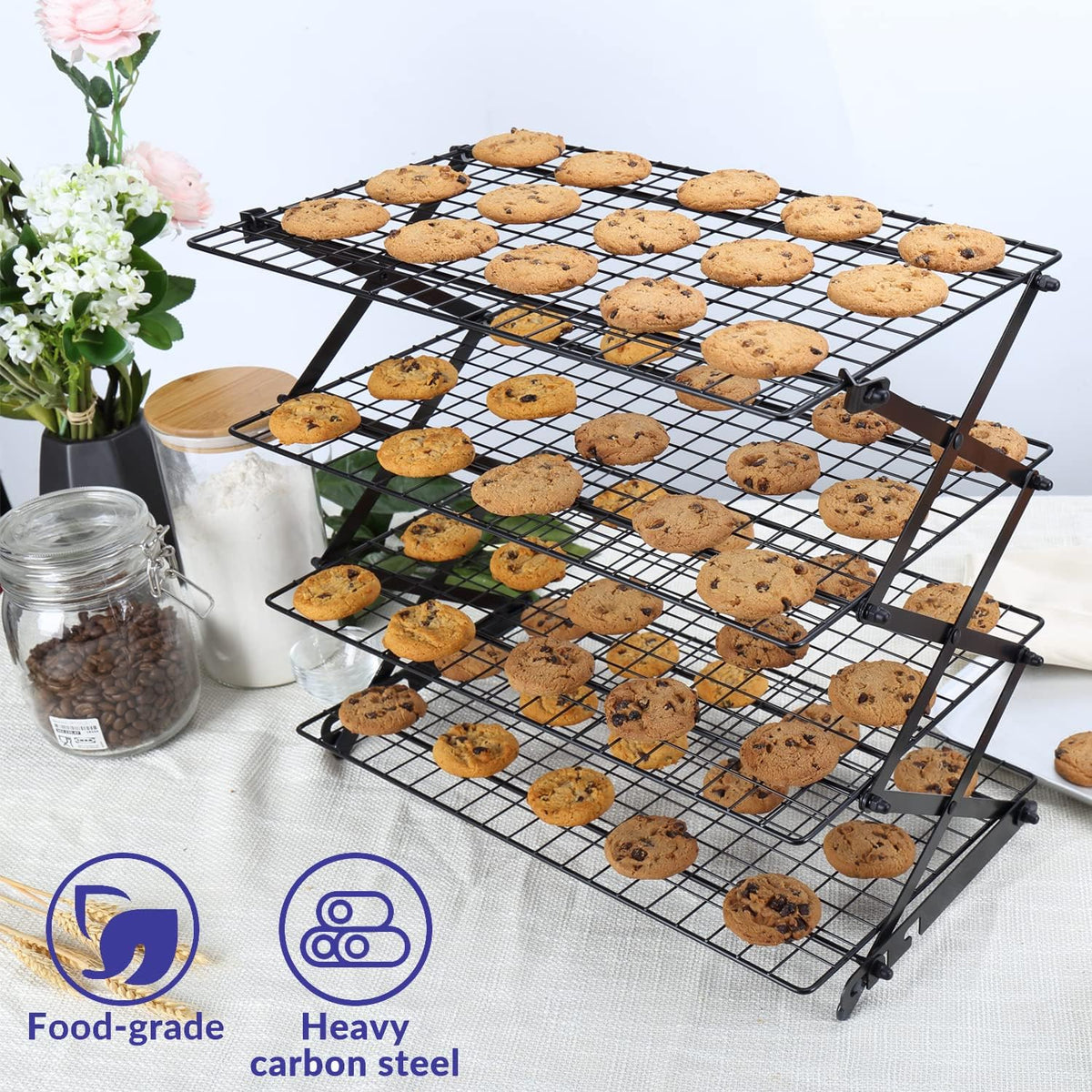 2/3/4-Tier Upgraded Collapsible Cooling Rack with Adjustable 3 Setting Design Stackable Roasting Cooking Drying Wire