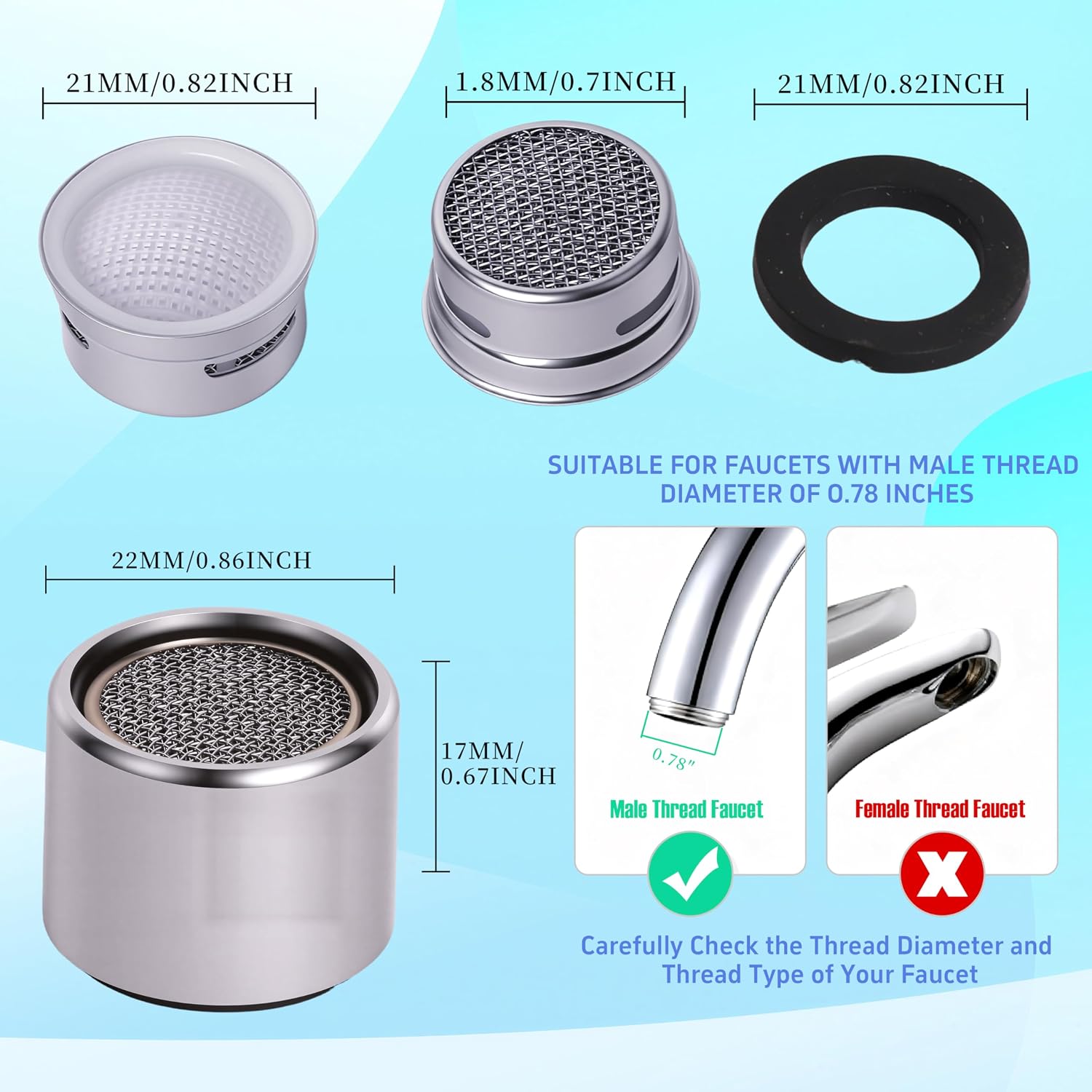 Kitchen Faucet Aerator Replacement, Anti-Splash with Multi-Size Wrench, 10 Pack M24 (15/16") & 2 Pack M22 (55/64")