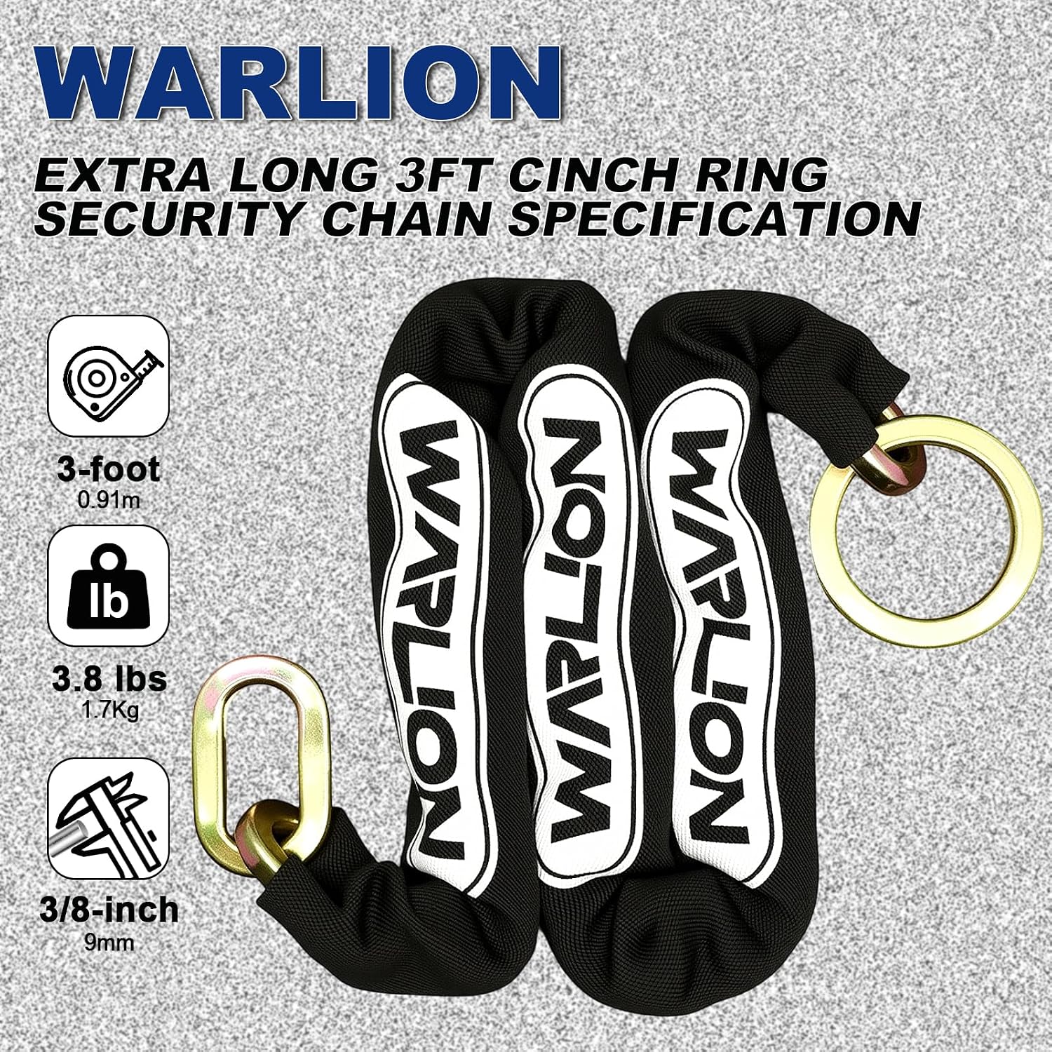 Heavy Duty Security Chain, 3ft x 3/8in Thick, 3.8lbs, Anti-Theft & Cut-Proof Motorcycle Chain with Cinch Ring