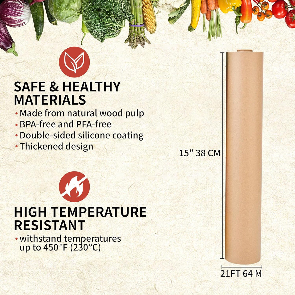 Unbleached Parchment Paper Roll, 15 in x 210 ft 262 Sq.ft, BPA & PFA Free
