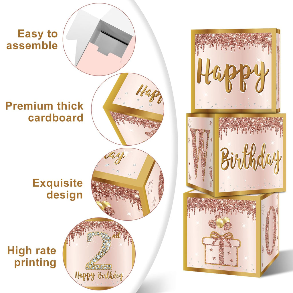 3Pcs 2nd Birthday Decorations Balloon Gift Boxes for Girls