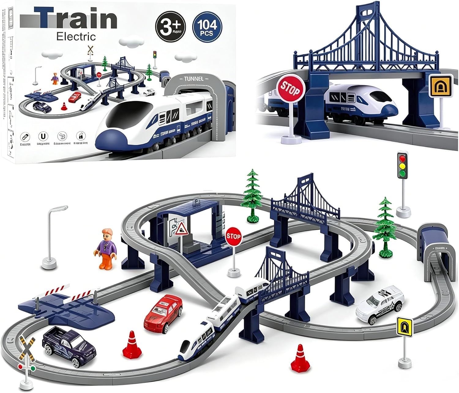 Train Sets for Boys 4-7, 104 Pcs Battery Operated Trains with Tracks | Magnetic Connection, Compatible with Thomas