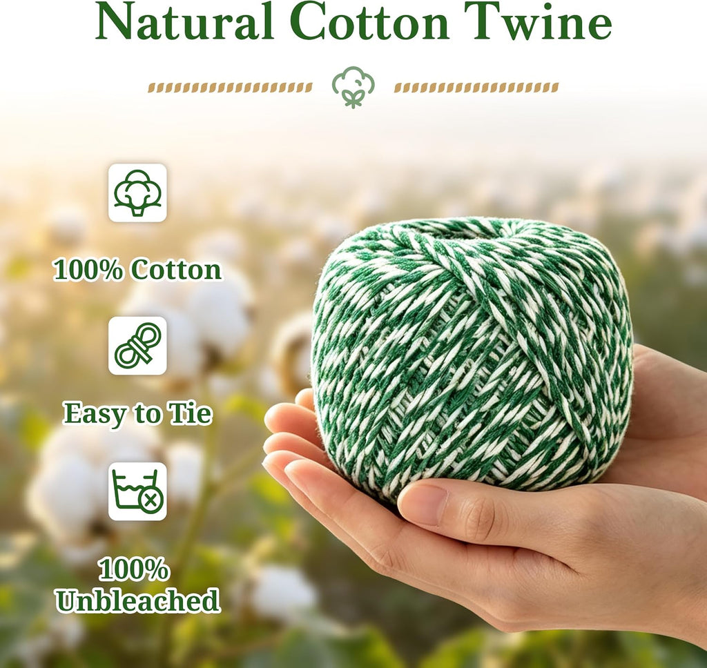 Cotton Twine 328 Feet, Bakers String for Craft, Gift Wrapping (White Green)