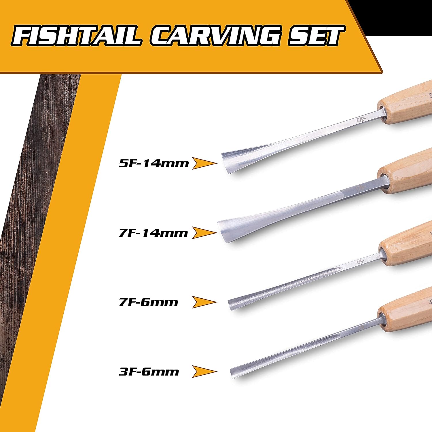 4-pc Wood Chisel Set, Fishtail Gouges, Cr-V 60 | Detail carving chisels for sculpture and relief carving, ergonomic