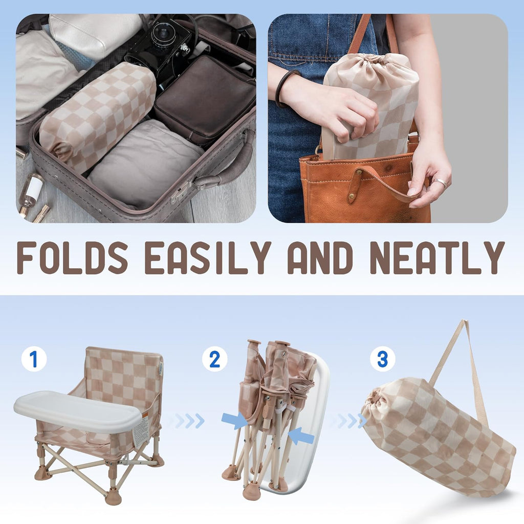 3-in-1 Portable Baby Chair, Foldable Booster Seat with Removable Tray, Safety Harness & Carry Bag for Dining, Travel