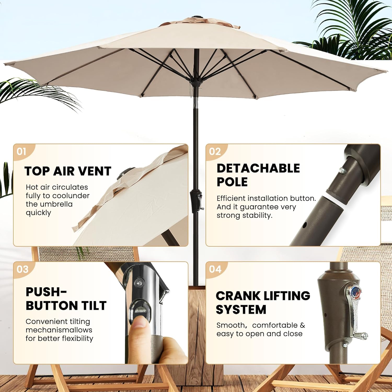 9FT Large Outdoor Patio Umbrella Market Table Umbrella-UV Resistant, Easy Push Button Tilt and Crank, 8 Sturdy