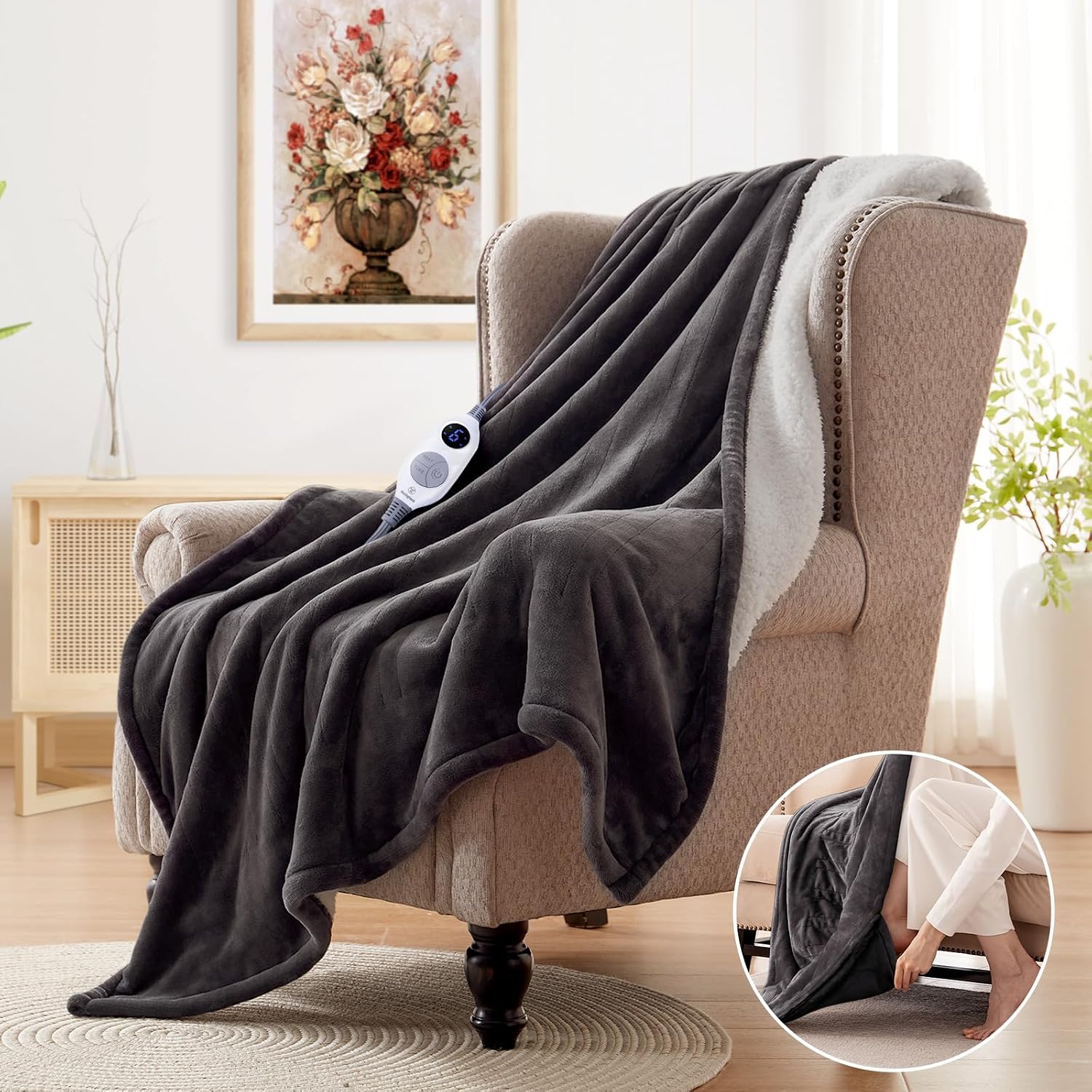 Electric Throw Blanket with Foot Pocket, 50x62 Charcoal | Soft Flannel to Sherpa Heated Throw with 6 Heating Levels &
