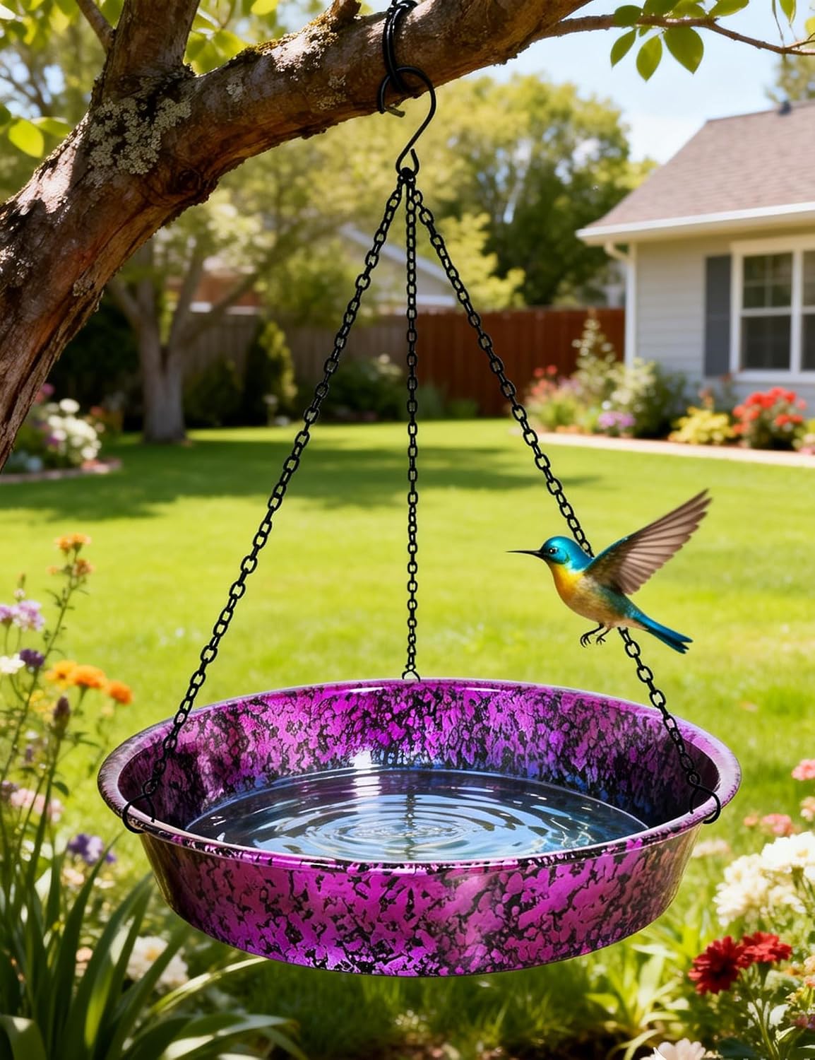 Hanging Bird Bath & Feeder, 11.5" Metallic Purple/Blue Metal Birdbath Bowl